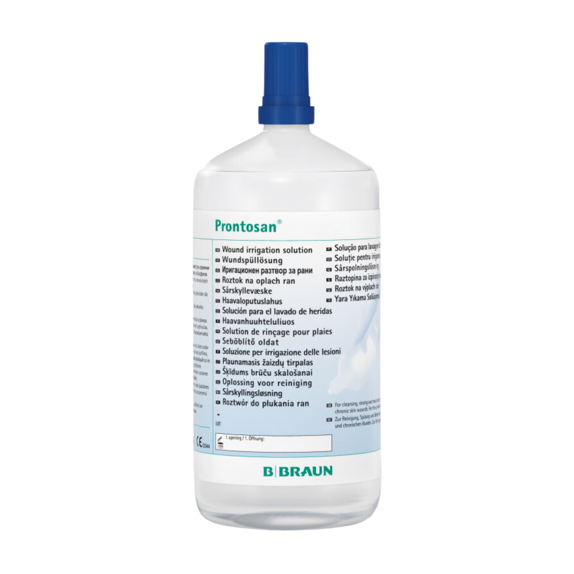 Die B. Braun Prontosan® Wundspüllösung ist eine große, durchsichtige Plastikflasche mit blauem Verschluss, die eine effektive Wundheilung unterstützen soll. Das Etikett enthält Anweisungen und Einzelheiten in mehreren Sprachen, während die Marke B. Braun Deutschland GmbH & Co. KG deutlich sichtbar auf der Unterseite zu sehen ist.