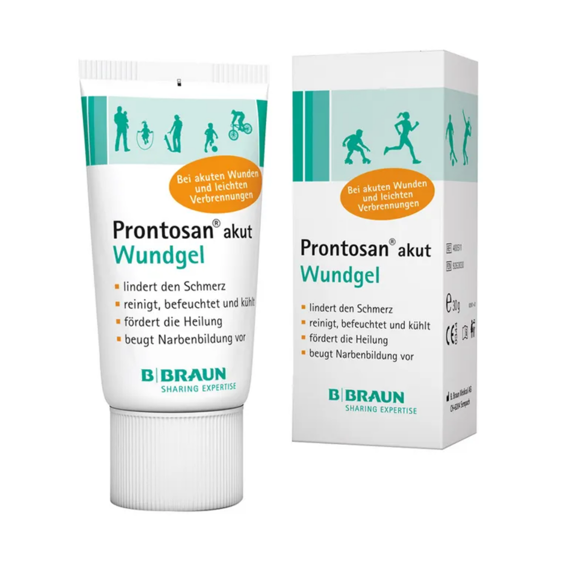 Das Bild zeigt eine Tube und eine Schachtel B. Braun Prontosan® akut Wundgel - 30, das für eine effektive Wundpflege entwickelt wurde. Die Verpackung ist hauptsächlich weiß mit Grün und Orange gehalten und weist auf die Verwendung bei kleineren Wunden und Verbrennungen hin. Sie enthält deutschen Text und das Branding von B. Braun Deutschland GmbH & Co. KG.