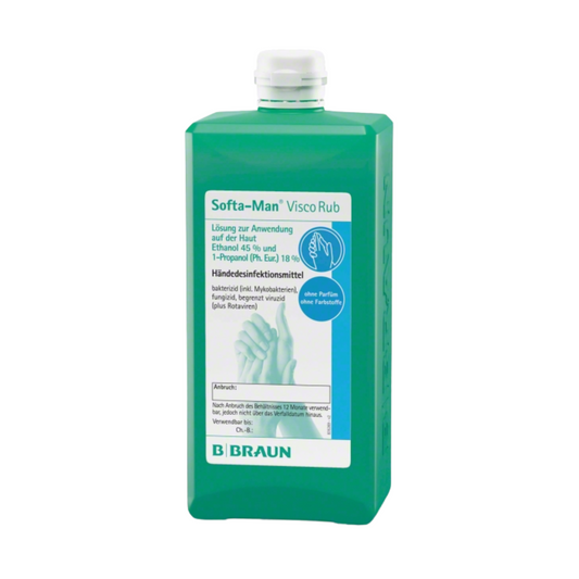 Eine grüne Flasche „B. Braun Softa-Man® ViscoRub Händedesinfektion- und pflege“ der B. Braun Deutschland GmbH & Co. KG mit dem Hinweis auf Hautverträglichkeit. Auf dem Etikett werden als Inhaltsstoffe Ethanol und 1-Propanol genannt, außerdem sind zwei Hände und zusätzlicher Text auf Deutsch abgebildet.