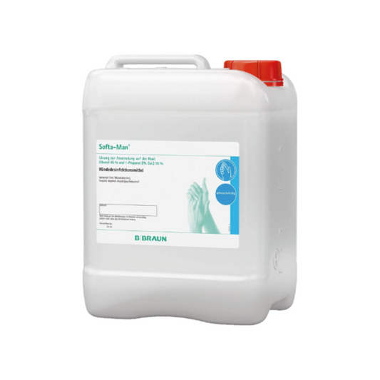 Ein weißer Kunststoffbehälter mit rotem Deckel trägt die Aufschrift „B. Braun Softa-Man® ViscoRub Händedesinfektion- und pflege“, ein Produkt der B. Braun Deutschland GmbH & Co. KG. Er weist mit Hygienegrafiken und deutschem Text auf Viruswirksamkeit hin und soll für eine wirksame Handhygiene sorgen.