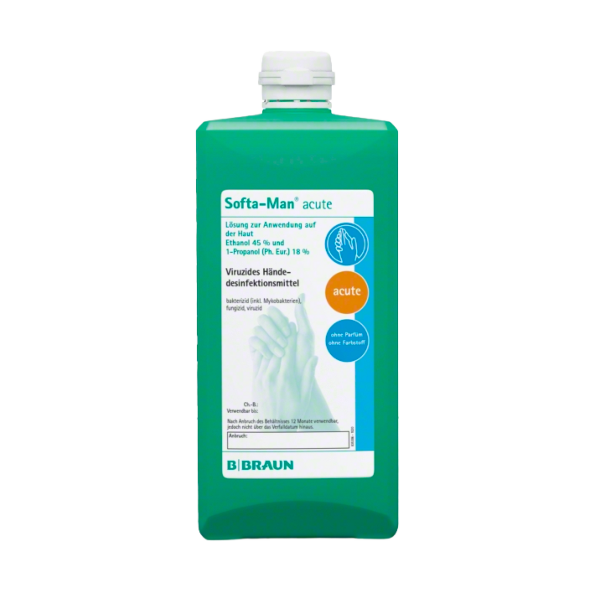 Eine grüne Flasche B. Braun Softa-Man® akutes Händedesinfektionsmittel von B. Braun Deutschland GmbH & Co. KG trägt ein Etikett, das es als viruzides Hochleistungshändedesinfektionsmittel bezeichnet, das 45 % 1-Propanol und 18 % 2-Propanol enthält und sich ideal für die Anwendung eignet der medizinische Bereich. Die Verpackung enthält ein Bild von Händen sowie einen deutschen Text, der seine Verwendung und Eigenschaften erläutert.