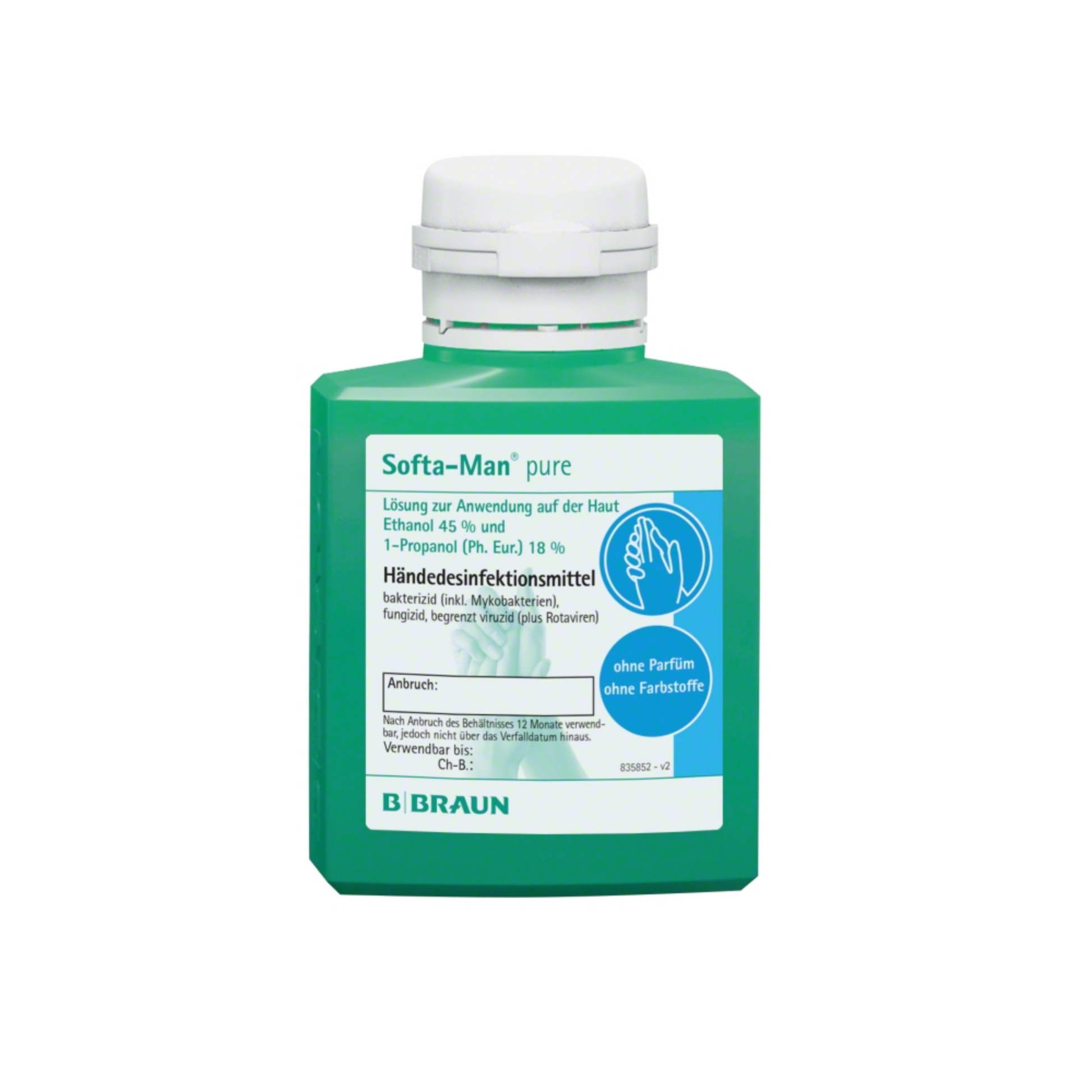 Abgebildet ist eine grüne Flasche B. Braun Softa-Man® pure Händedesinfektionsmittel. Dieses viruzide Händedesinfektionsmittel enthält 45% Ethanol und ist als parfüm- und farbstofffrei gekennzeichnet, wodurch es sich ideal zur hygienischen Händedesinfektion eignet.