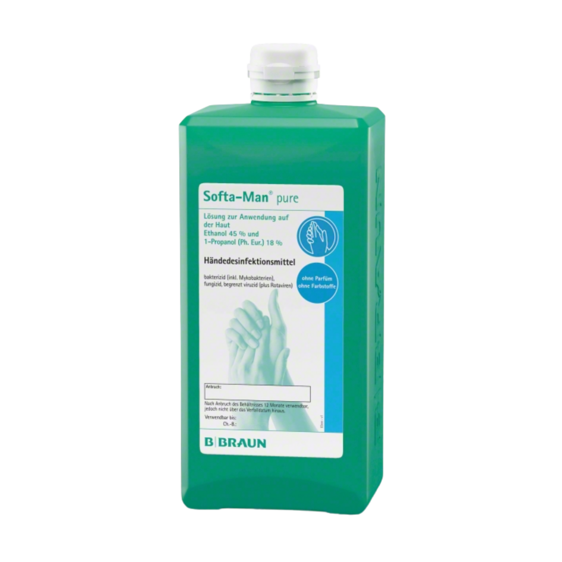 Eine Flasche B. Braun Softa-Man® pure Händedesinfektionsmittel von B. Braun Deutschland GmbH & Co. KG mit grünem Etikett und Verschluss enthält Produktdetails und viruzide Anwendungshinweise, außerdem ist auf dem Etikett eine Abbildung einer Händedesinfektion abgebildet.