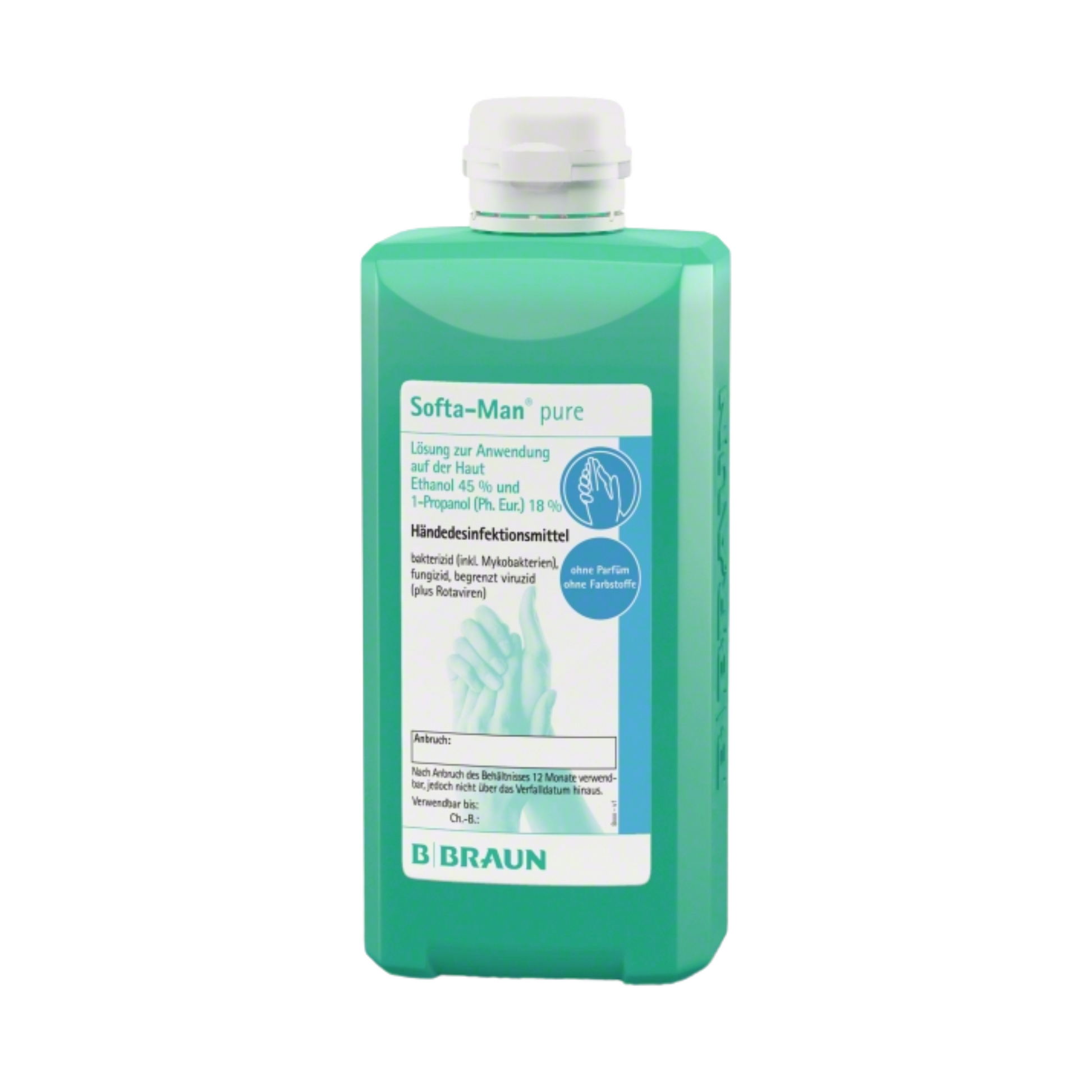 Eine grüne Flasche B. Braun Softa-Man® pure Händedesinfektionsmittel von B. Braun Deutschland GmbH & Co. KG trägt ein Etikett mit einer Gebrauchsanweisung für die viruzide Haut, auf dem Ethanol und Propanol in deutscher Sprache stehen, neben einem Bild von Händen, und ist mit einem weißen Deckel verschlossen.