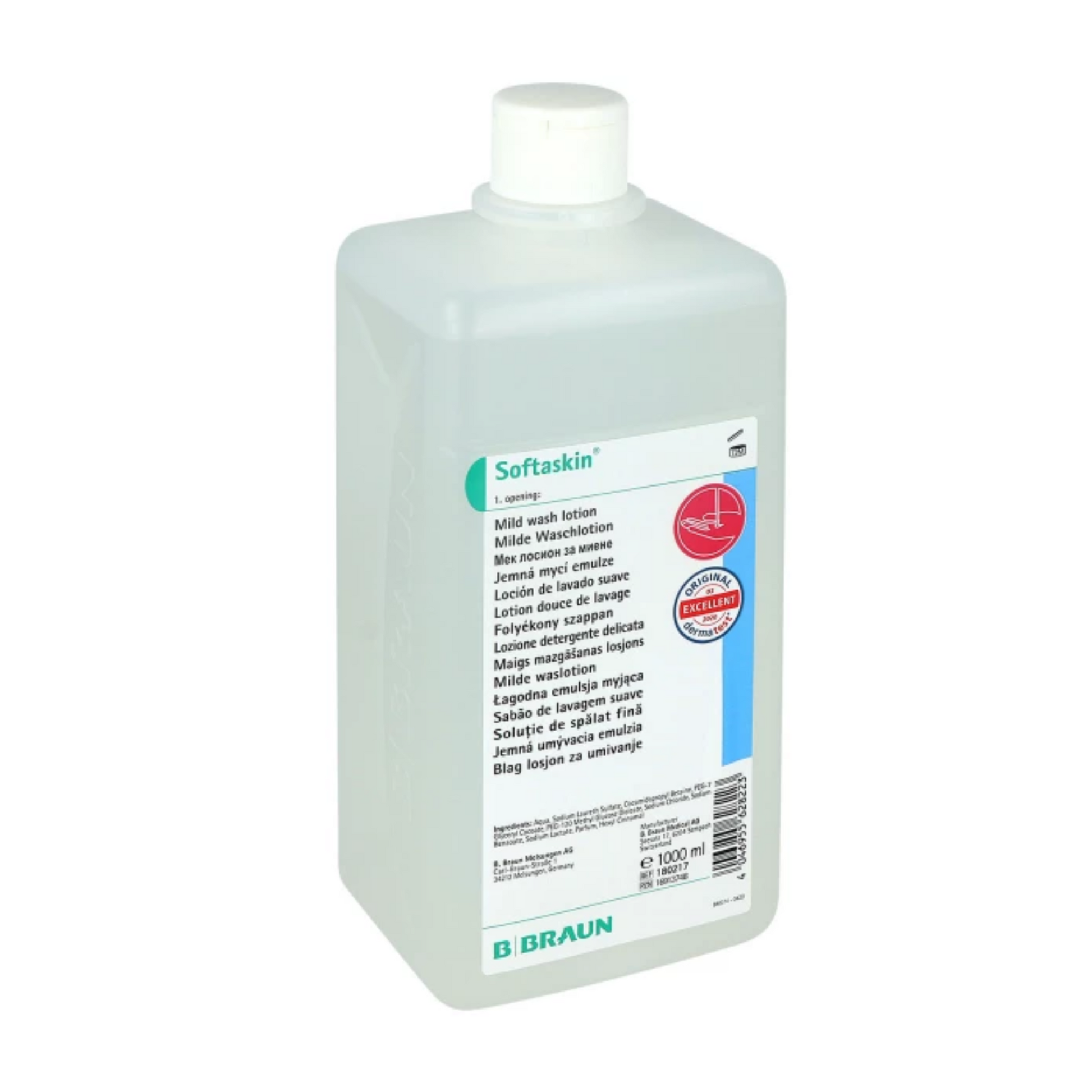 Die rechteckige, umweltfreundliche weiße Flasche B. Braun Softaskin® Waschlotion von B. Braun Deutschland GmbH & Co. KG zeigt auf dem Etikett vorn Text in mehreren Sprachen und verfügt über einen Drehverschluss. Sie enthält 1000 ml milde Waschlotion und unterstreicht damit ihr Engagement für mikroplastikfreie Produkte für eine umweltbewusste Wahl.