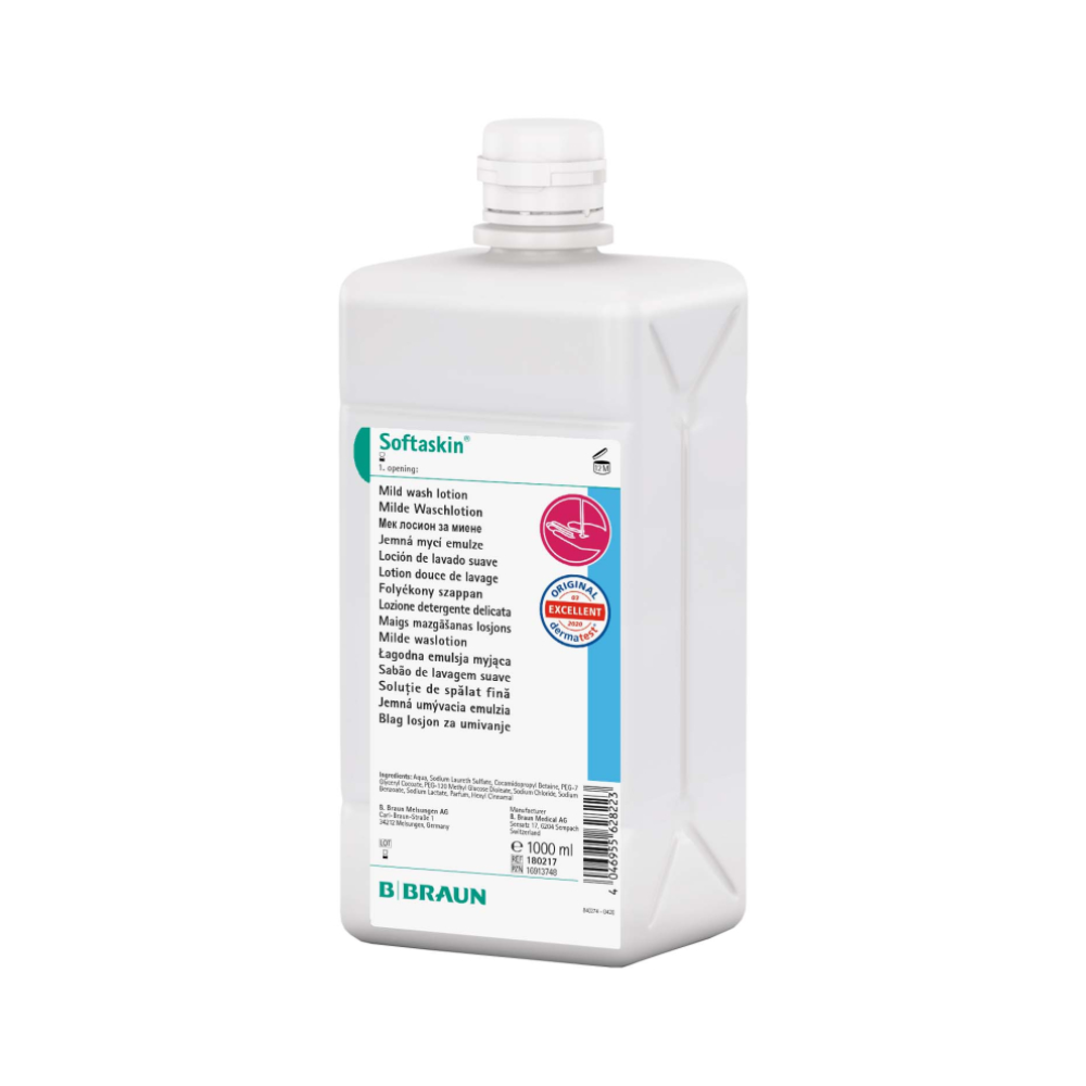 Die 1000 ml Flasche „B. Braun Softaskin® Waschlotion“ ist in Weiß gehalten und hat ein mehrsprachiges Etikett, das auf die sanfte und umweltfreundliche Formel hinweist. Sie verfügt über einen Schraubverschluss und trägt auf der Unterseite den Schriftzug „B. Braun Deutschland GmbH & Co. KG“. Damit ist sie eine ausgezeichnete Wahl für Anwender, denen mikroplastikfreie Produkte wichtig sind.