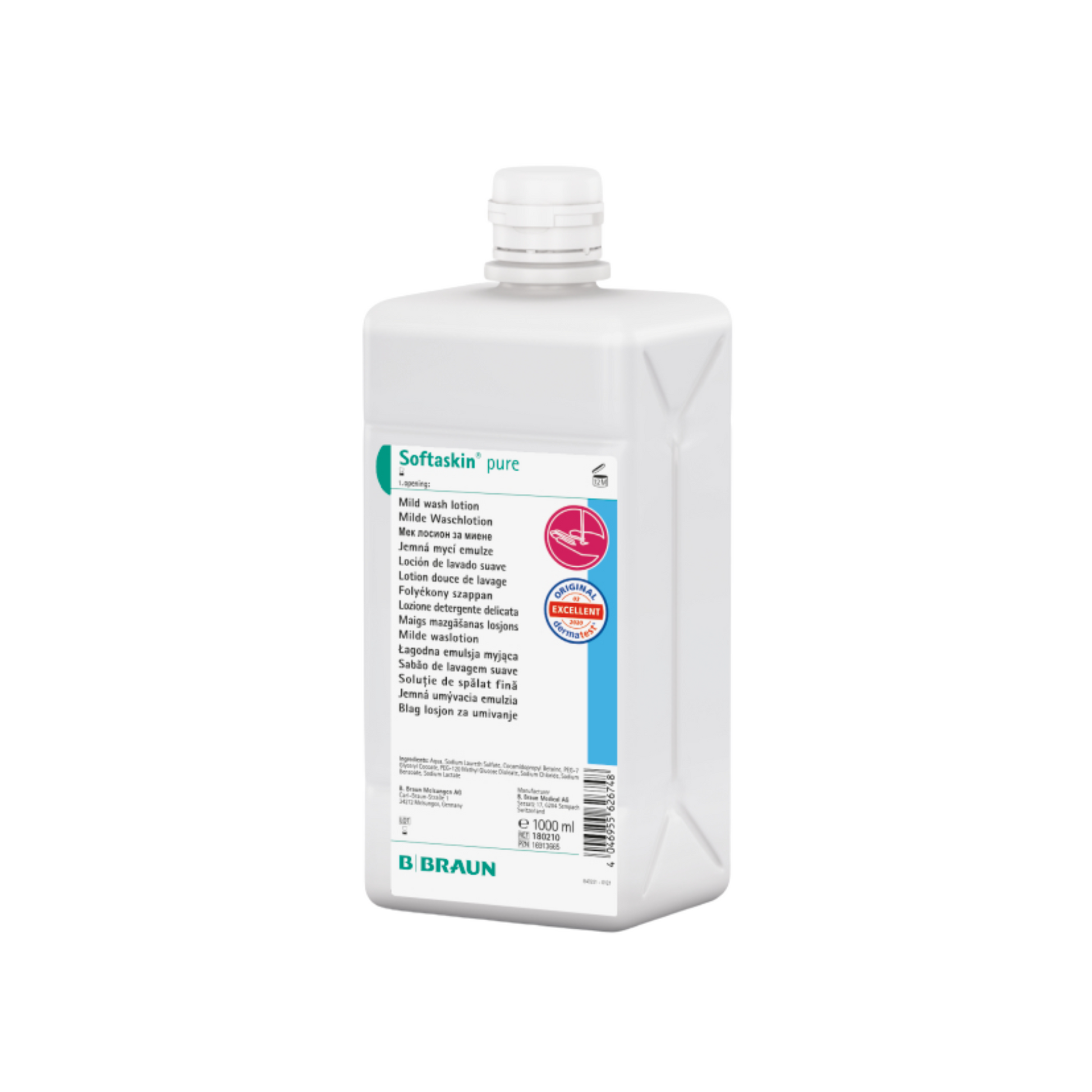 Die B. Braun Softaskin® pure 1000 ml-Flasche von B. Braun Deutschland GmbH & Co. KG verfügt über ein weißes rechteckiges Design mit blau-weißem Etikett, rosa Logo für Hautverträglichkeit, Schraubverschluss und ist eine allergenfreie Waschlotion, ideal für empfindliche Haut.