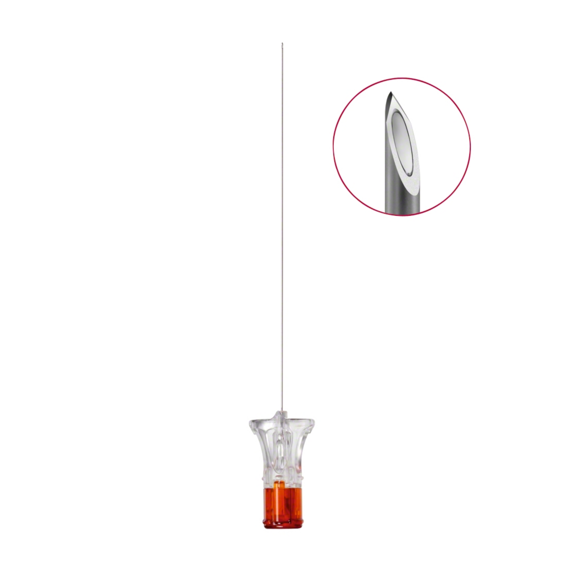 Die B. Braun Spinocan®-Nadel mit den Abmessungen 0,53 x 88 mm ist vertikal auf weißem Hintergrund abgebildet und weist eine transparente Kunststoffnabe mit orangefarbener Basis auf. Ein kreisförmiger Einschub bietet eine Nahaufnahme der scharfen, abgeschrägten Kante der Nadelspitze, die von B. Braun Deutschland GmbH & Co. KG für präzise Spinalanästhesieanwendungen entwickelt wurde.