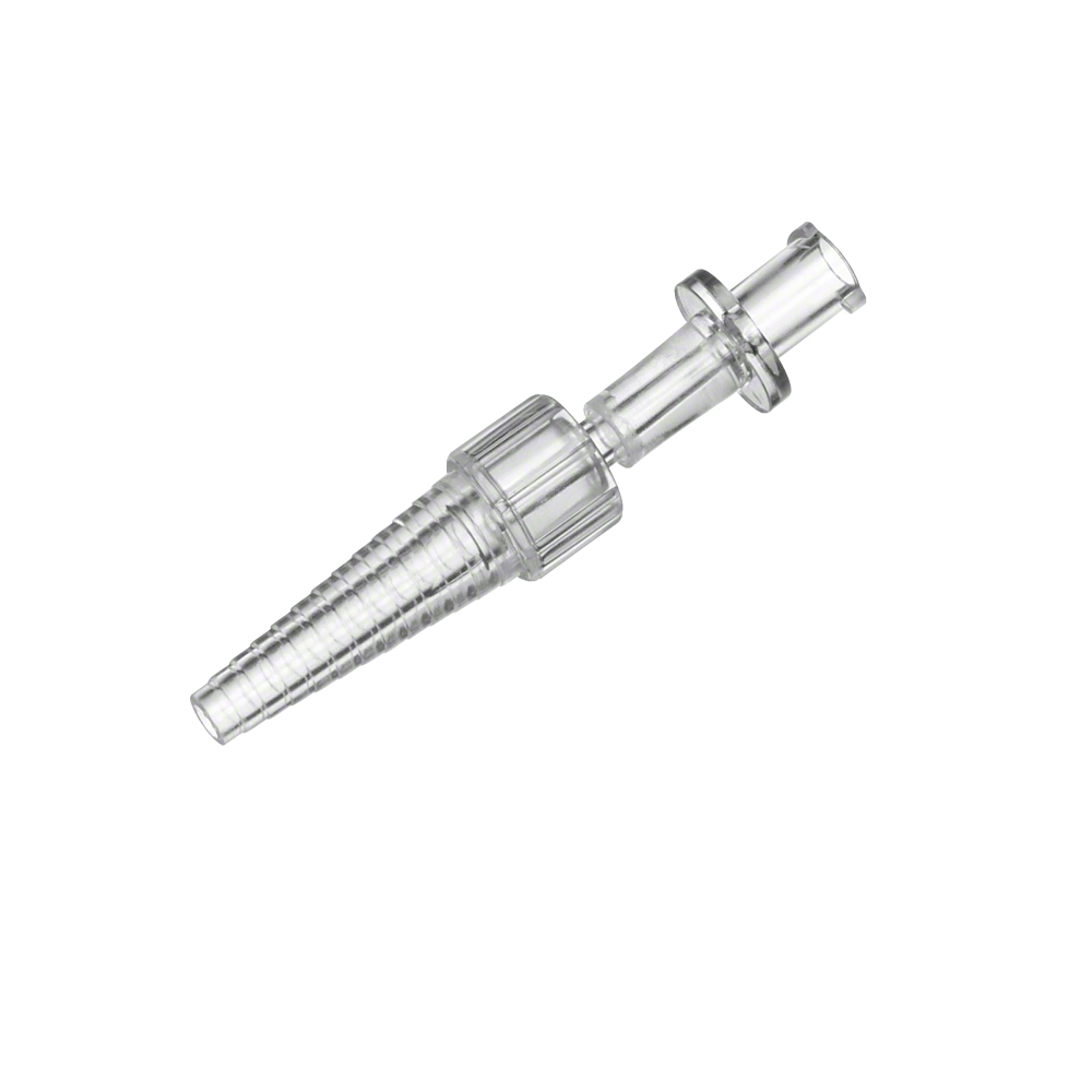 Der B. Braun Stufenkegel mit Lock-Ansatz weiblich, steril, von B. Braun Deutschland GmbH & Co. KG, ist ein transparenter Kunststoffanschluss mit konischem Ende und gerippter Oberfläche für die Schlauchbefestigung. Er verfügt über einen weiblichen Luer-Lock-Anschluss und einen kleinen Flansch für sicheren Sitz in medizinischen oder Laboranwendungen, ist latexfrei und für zusätzliche Sicherheit steril verpackt.