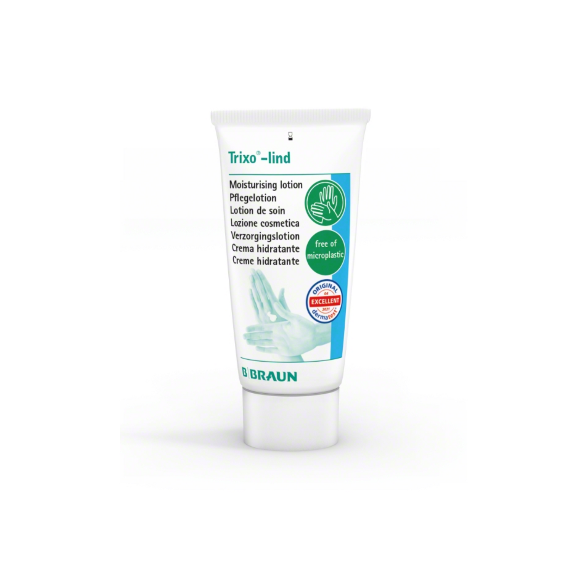 Tube der feuchtigkeitsspendenden B. Braun Trixo®-lind Pflegelotion mit mehrsprachigem Text. Die Verpackung betont, dass sie mikroplastikfrei ist, Kokosöl enthält und ein Volumen von 100 ml hat. Über zusätzlichen Marken- und Zertifizierungslogos ziert ein grünes Handsymbol die Garantie für einen hautneutralen pH-Wert, mit freundlicher Genehmigung der B. Braun Deutschland GmbH & Co. KG.