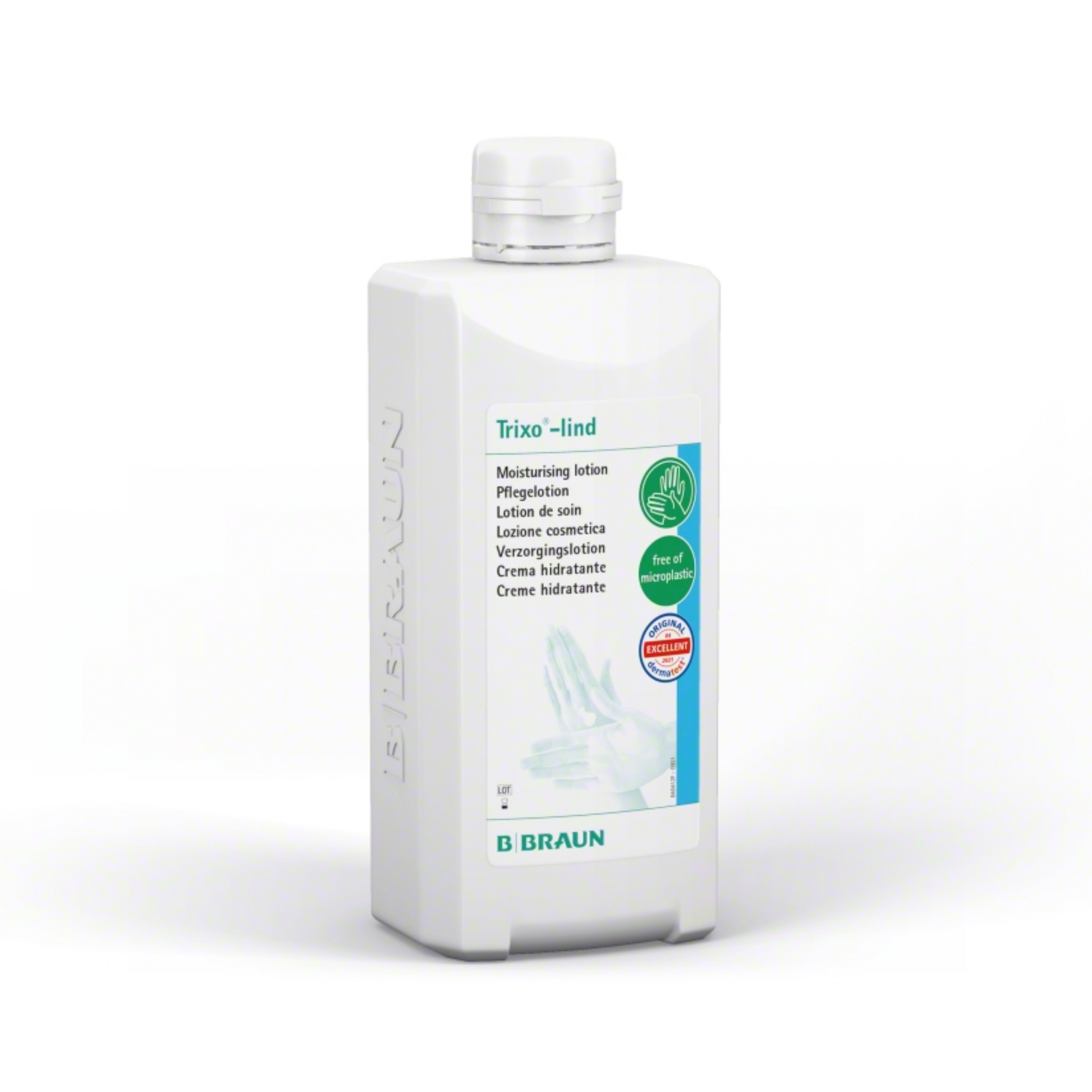 Eine weiße Flasche mit der Aufschrift „B. Braun Trixo®-lind Pflegelotion“ von B. Braun Deutschland GmbH & Co. KG, auf der ein grünes Handsymbol zu sehen ist. Das Etikett betont die feuchtigkeitsspendende Formel mit hautneutralem pH-Wert und mehrsprachigem Text, die für die häufige Anwendung geeignet ist.