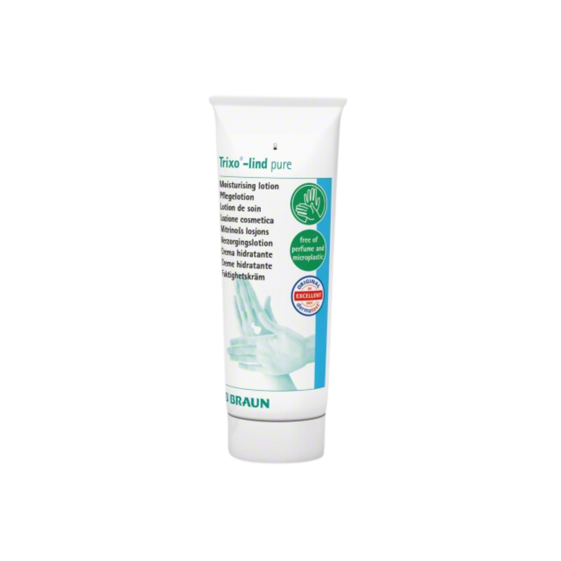 Die weiße Tube B. Braun Trixo®-lind pure Pflegelotion ist ideal für empfindliche Haut. Sie ist mit einem grün-blauen Etikett versehen, auf dem sich ein Handsymbol und ein mehrsprachiger Anwendungshinweis befinden. Am unteren Rand steht der Markenname B. Braun Deutschland GmbH & Co. KG.