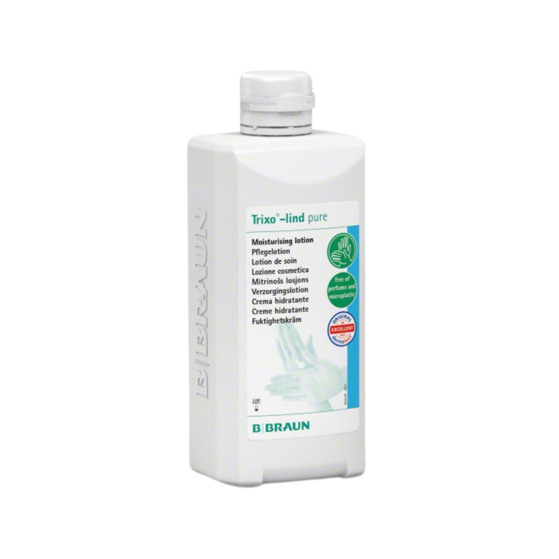 Eine weiße Flasche B. Braun Trixo®-lind pure Pflegelotion von B. Braun Deutschland GmbH & Co. KG ist vor einem schlichten Hintergrund abgebildet. Das hauptsächlich grün-weiße Etikett „parfümfrei“ enthält mehrsprachigen Text und zeigt eine Handillustration, was es ideal für empfindliche Haut macht.