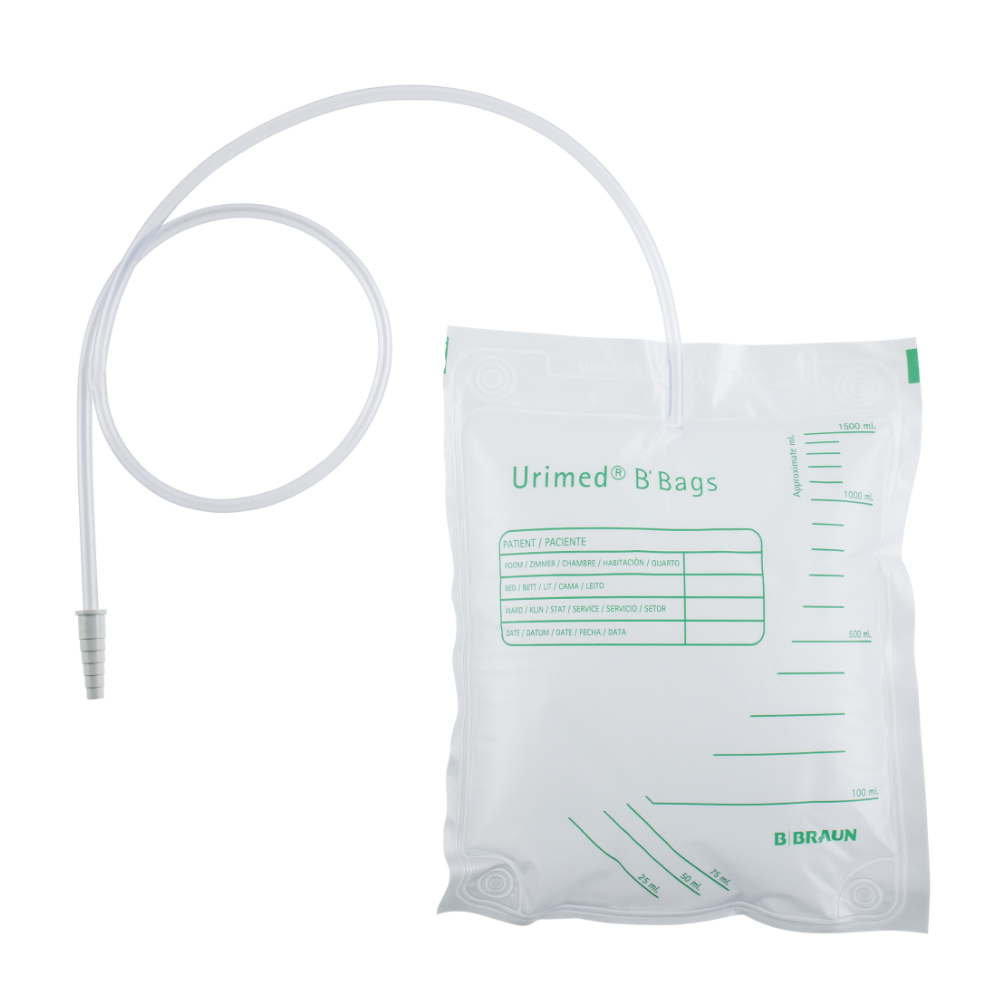 Der B. Braun Urimed® B'Bags Urin- & Sekretbeutel ist ein transparenter Urin- und Sekretbeutel mit einer Messskala auf der Vorderseite. Er verfügt über einen langen, flexiblen Schlauch, der aus Sicherheitsgründen latexfrei ist und eine effiziente Drainage gewährleistet. Unten rechts ist die Marke „B. Braun Deutschland GmbH & Co. KG“ aufgedruckt, wodurch er für den Einsatz in medizinischen Umgebungen geeignet ist.