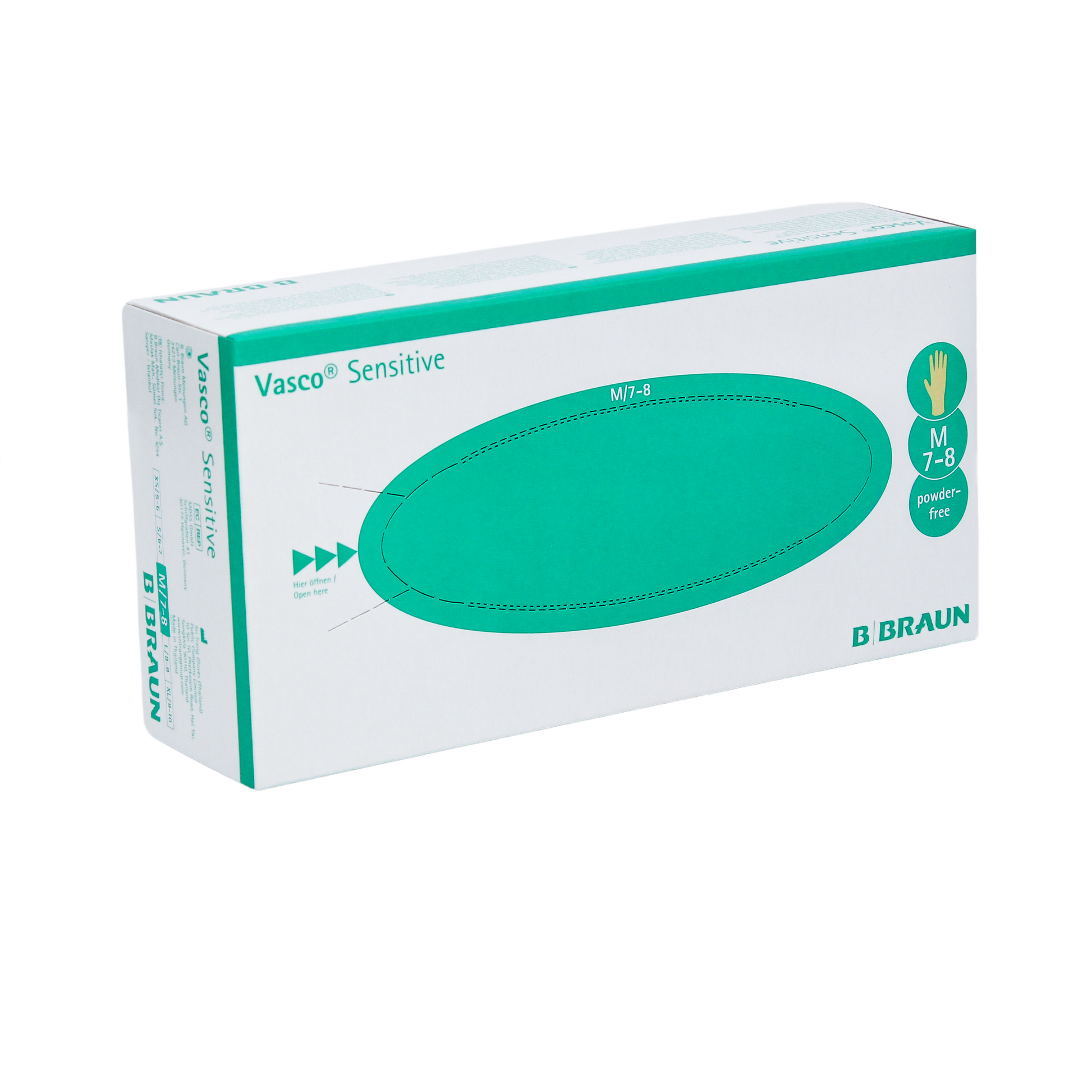 Eine Schachtel B. Braun Vasco® Sensitive Latex Untersuchungshandschuhe in Größe Medium (7-8) von B. Braun Deutschland GmbH & Co. KG wird in einer überwiegend weißen und grünen Verpackung mit einem Handsymbol geliefert, das kennzeichnet, dass diese Handschuhe puderfrei und mit Naturlatex-Material für sensible Anwendungen konzipiert sind.