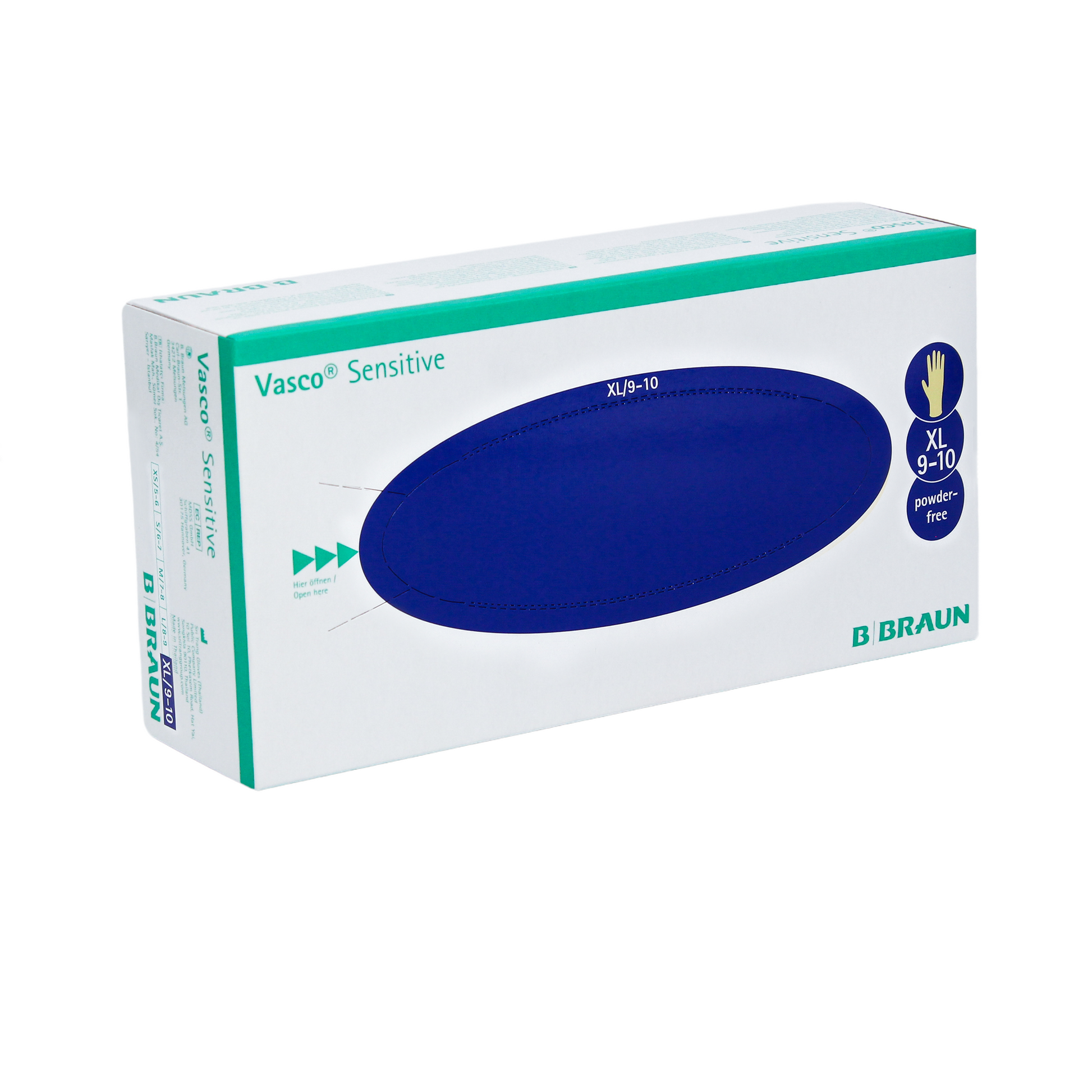 Schachtel mit B. Braun Vasco® Sensitive Latex- Untersuchungshandschuhen von B. Braun Deutschland GmbH & Co. KG, mit einem großen blauen Oval auf der Vorderseite. Diese Handschuhe aus Naturlatex sind in der Größe XL (9-10) und puderfrei. Die weiße Verpackung ist mit grünem und blauem Text akzentuiert.