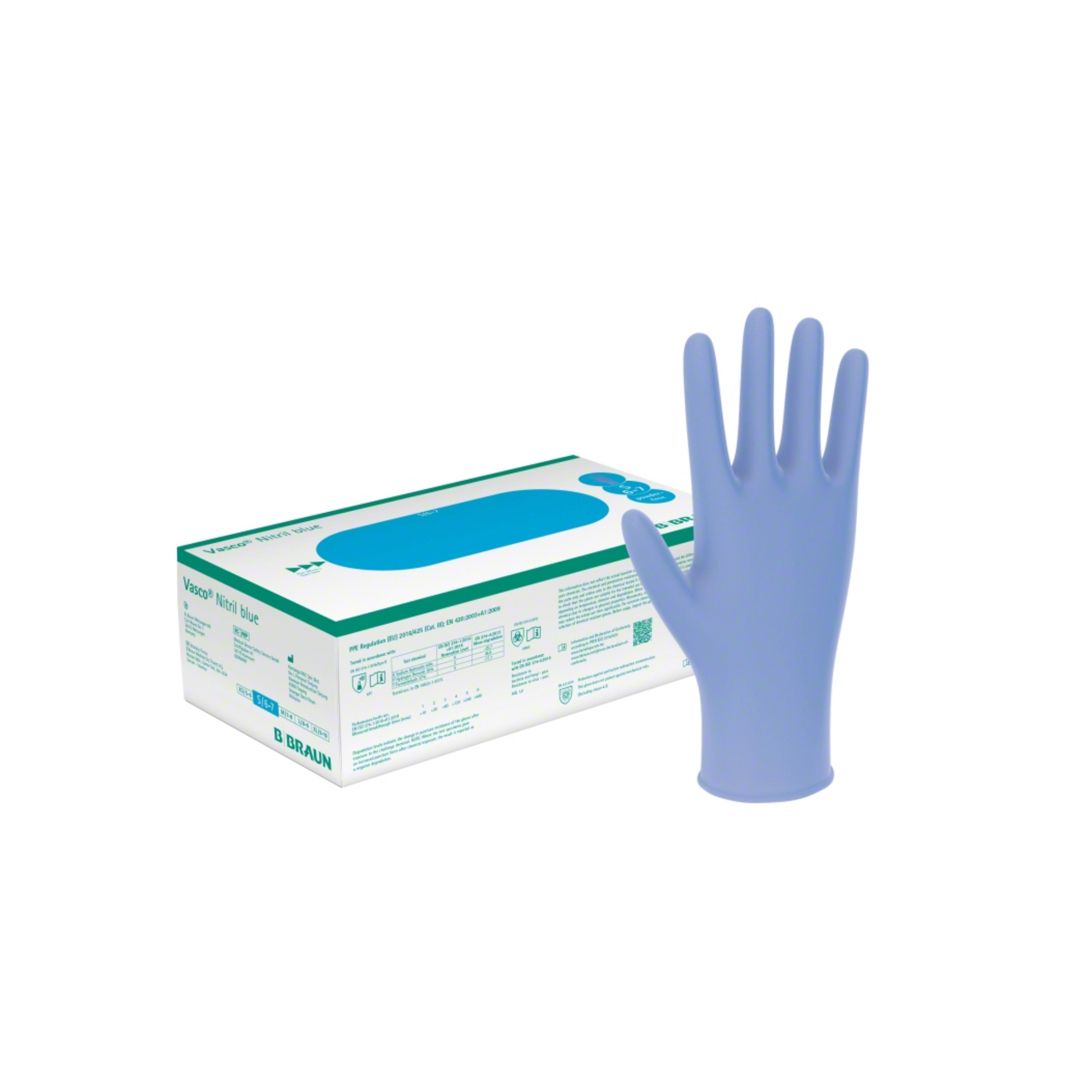 Eine Schachtel B. Braun Vasco® Nitril blaue Untersuchungshandschuhe mit Rollrand, gekennzeichnet für den medizinischen Gebrauch, ist abgebildet. Daneben steht ein Handschuh aufrecht. Auf der Schachtel sind Text und Grafiken mit detaillierten Spezifikationen und Markenzeichen von B. Braun Deutschland GmbH & Co. KG zu sehen, die deutlich als latexfrei gekennzeichnet sind.