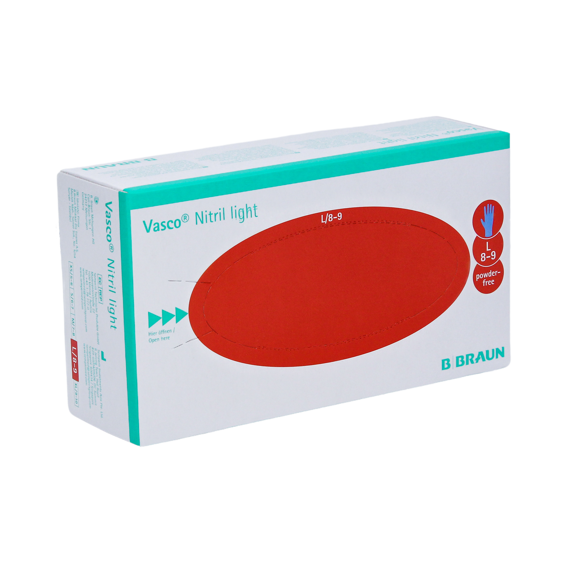 Abgebildet ist eine Schachtel B. Braun Vasco® Nitril light Untersuchungshandschuhe, die 150 Stück enthält. Die Verpackung ist weiß mit türkisen und roten Akzenten gestaltet, weist auf die Größe L/8-9 hin und betont, dass die Handschuhe puderfrei sind. Ideal für Latexallergiker, der Markenname B. Braun Deutschland GmbH & Co. KG ist in der unteren rechten Ecke prominent platziert.