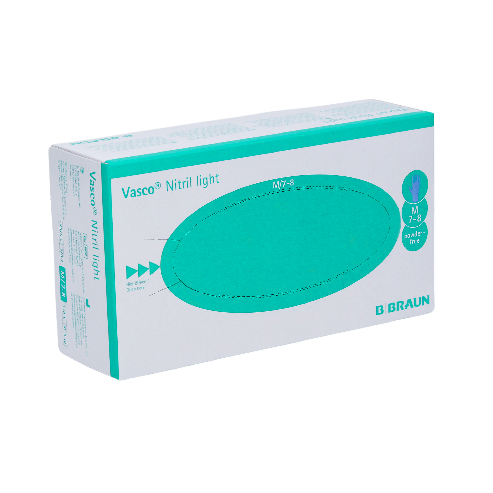 Eine Schachtel Untersuchungshandschuhe B. Braun Vasco® Nitril light in Größe M, 7-8. Die Verpackung in Weiß und Blaugrün weist deutlich darauf hin, dass die Handschuhe puderfrei und ideal für Personen mit einer Latexallergie sind. Das Logo der B. Braun Deutschland GmbH & Co. KG ist in der unteren rechten Ecke gut sichtbar angebracht.