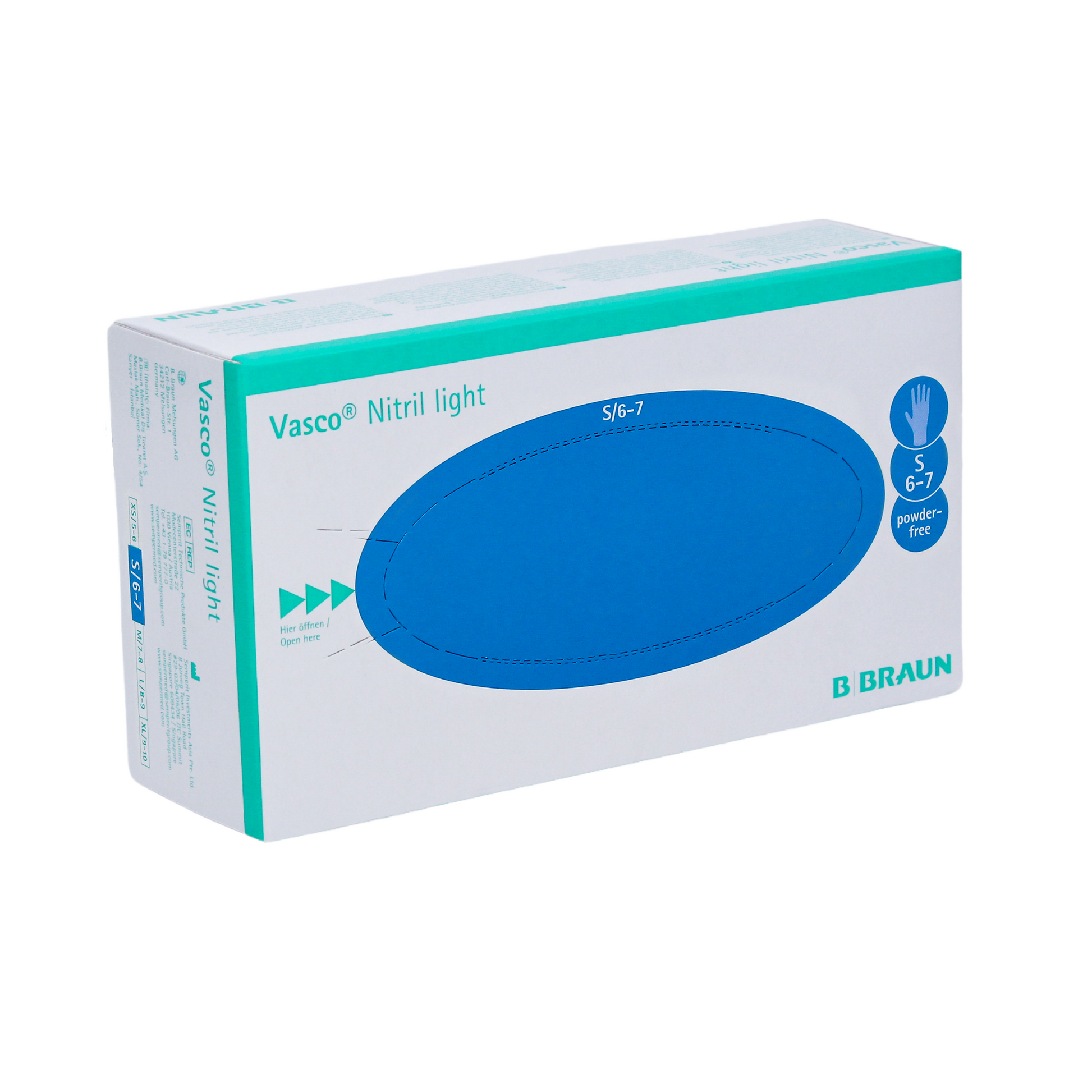 Schachtel mit B. Braun Vasco® Nitril light Untersuchungshandschuhen von B. Braun Deutschland GmbH & Co. KG in Größe S, verziert mit einem zentralen blauen ovalen Design. Die überwiegend weiße Schachtel ist mit grünen und blauen Akzenten hervorgehoben und diese puderfreien Handschuhe sind perfekt für Personen mit Latexallergie.
