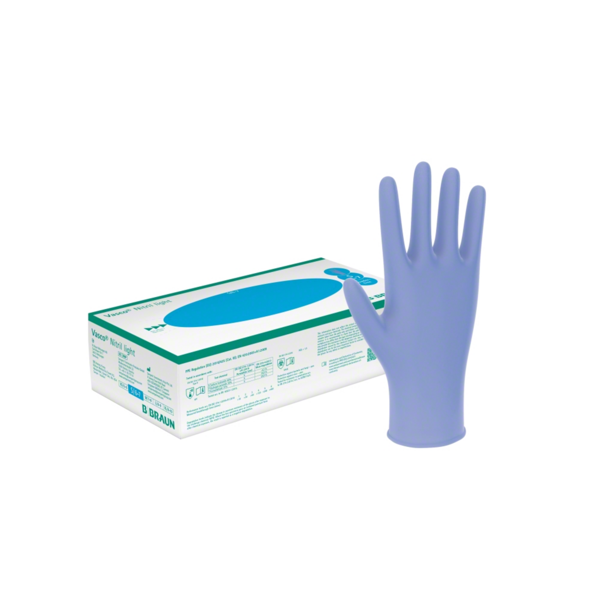 Im Hintergrund ist eine Schachtel mit B. Braun Vasco® Nitril light Untersuchungshandschuhen ausgestellt. Im Vordergrund steht ein einzelner blauer Nitrilhandschuh aufrecht. Die Schachtel enthält Produktinformationen und eine große Abbildung des Handschuhs, ideal für Personen mit Latexallergien.
