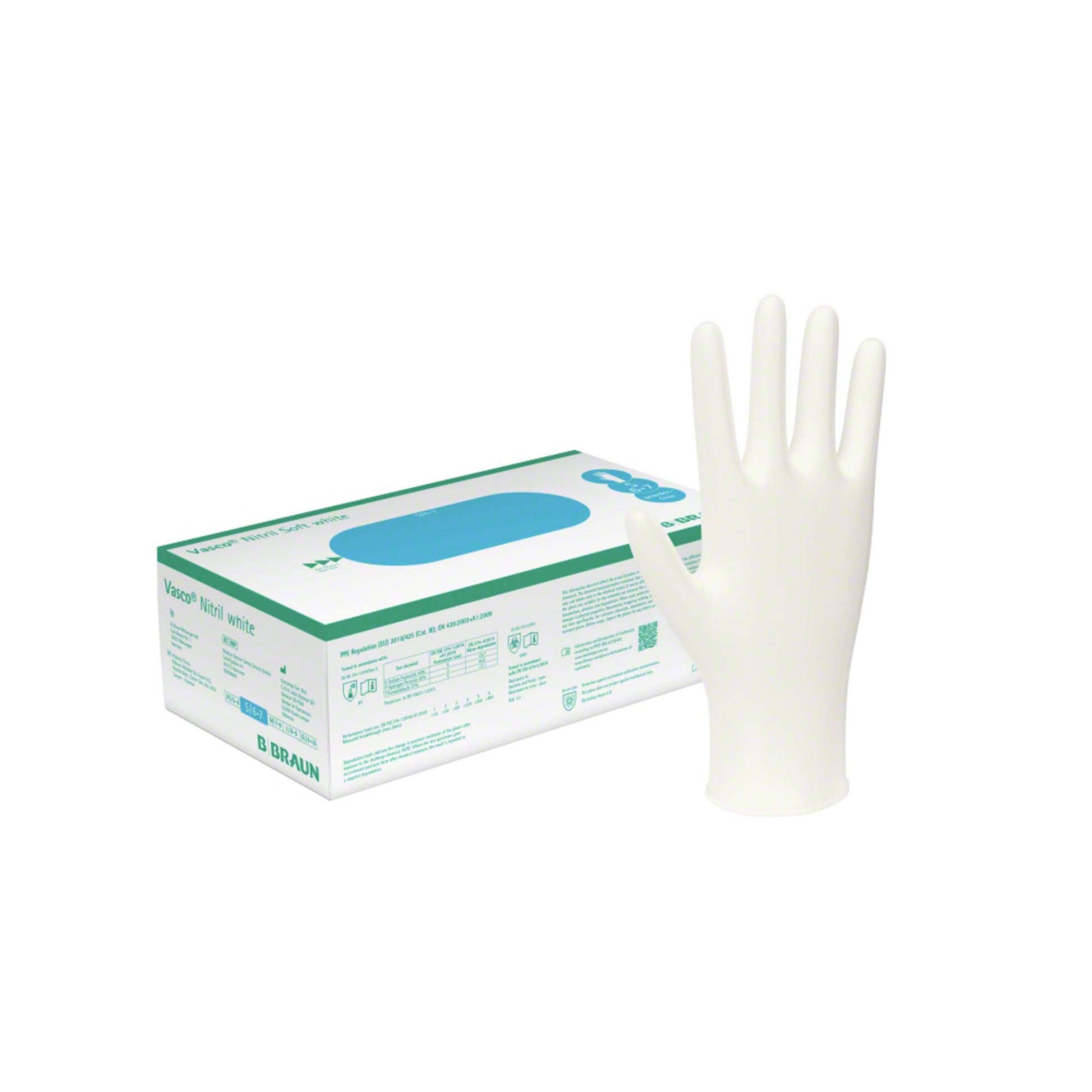 Abgebildet ist eine Schachtel B. Braun Vasco® Nitril weiße Einmalhandschuhe von B. Braun Deutschland GmbH & Co. KG, in deren Vorderseite ein weißer Handschuh aufrecht steht. Die latexfreie Verpackung weist blaue und grüne Akzente sowie Text- und Logodetails auf und betont damit ihre Eignung als Untersuchungshandschuhe für den medizinischen Gebrauch.