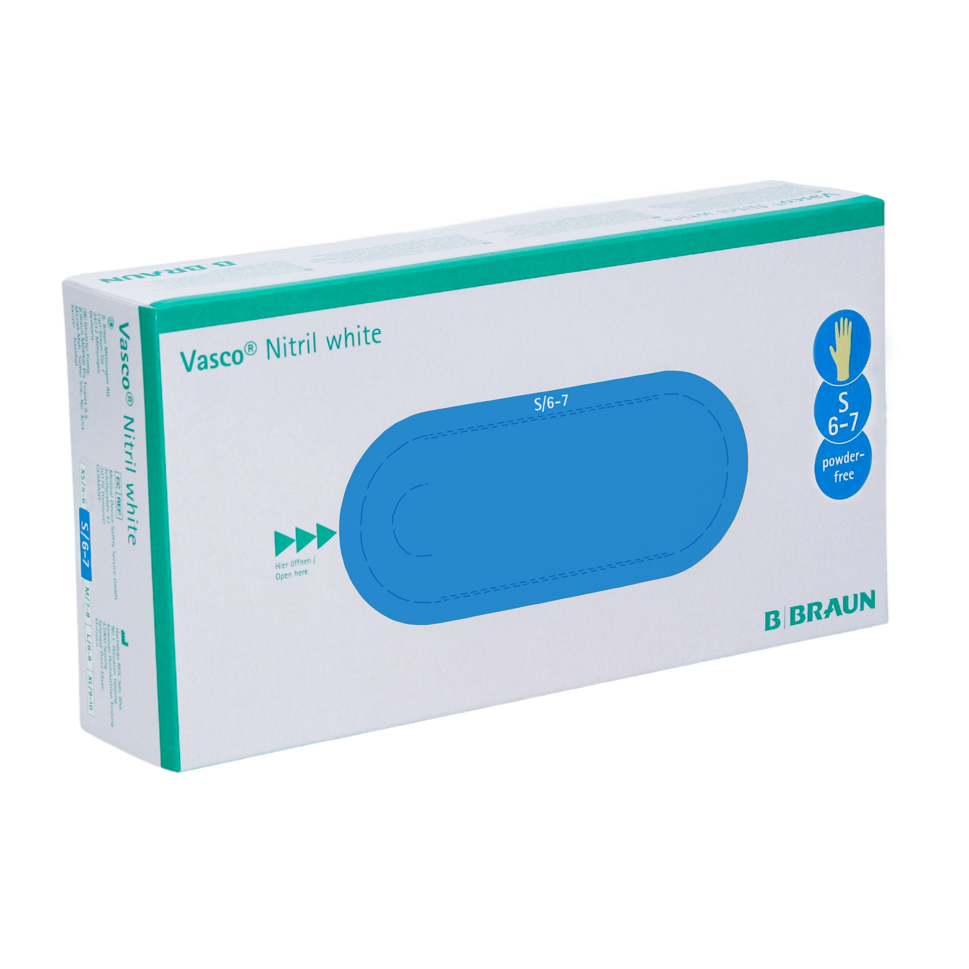 Abgebildet ist eine Schachtel B. Braun Vasco® Nitril weiße Einmalhandschuhe von B. Braun Deutschland GmbH & Co. KG. Diese Handschuhe haben die Größe S (6-7), sind puderfrei und latexfrei. Die Verpackung ist überwiegend weiß mit blauen und grünen Akzenten sowie einem Handsymbol, das die Handschuhgröße angibt.