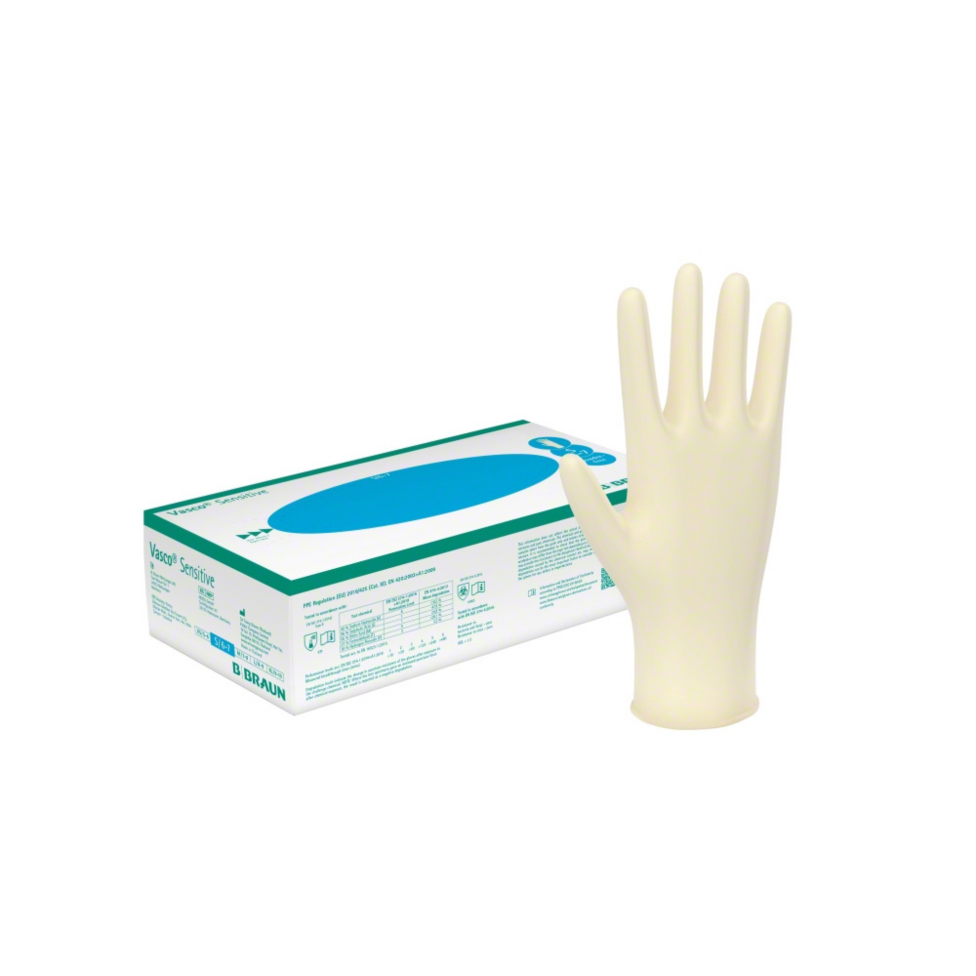 Ein Latexhandschuh steht aufrecht neben einer Schachtel mit der Aufschrift „B. Braun Vasco® Sensitive Latex-Untersuchungshandschuhe“ der B. Braun Deutschland GmbH & Co. KG. Die überwiegend weiße Schachtel mit grünen und blauen Akzenten beschreibt diese Untersuchungshandschuhe aus Naturlatex. Der Handschuh mit seiner glatten Textur ist mit der Handfläche nach vorne positioniert.
