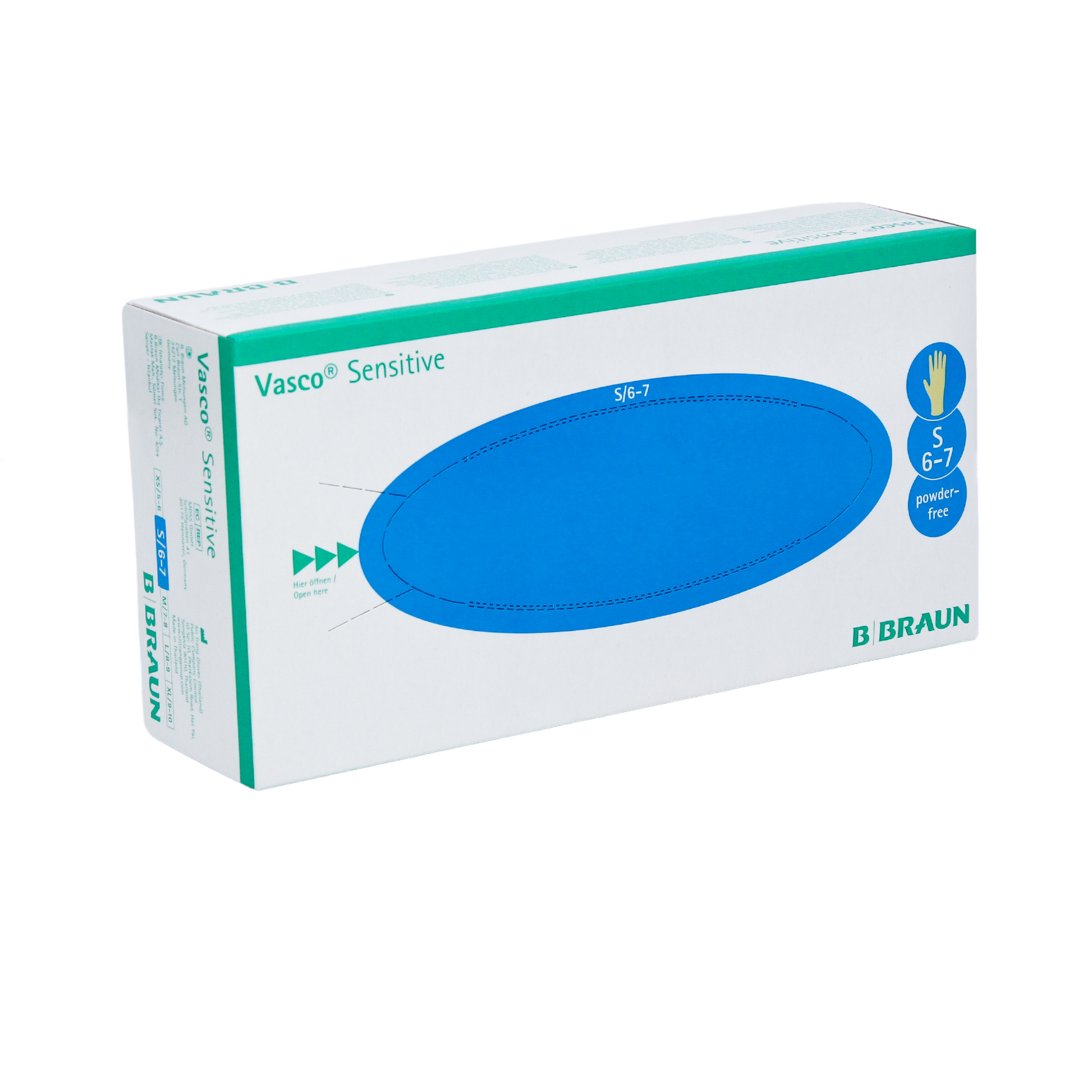 Eine Schachtel B. Braun Vasco® Sensitive Latex-Untersuchungshandschuhe von B. Braun Deutschland GmbH & Co. KG aus Naturlatex ist mit einer blauen ovalen Grafik verziert und in Größe S (6-7) erhältlich. Diese puderfreien Handschuhe sind für eine bequeme Aufbewahrung oder Ausgabe konzipiert.