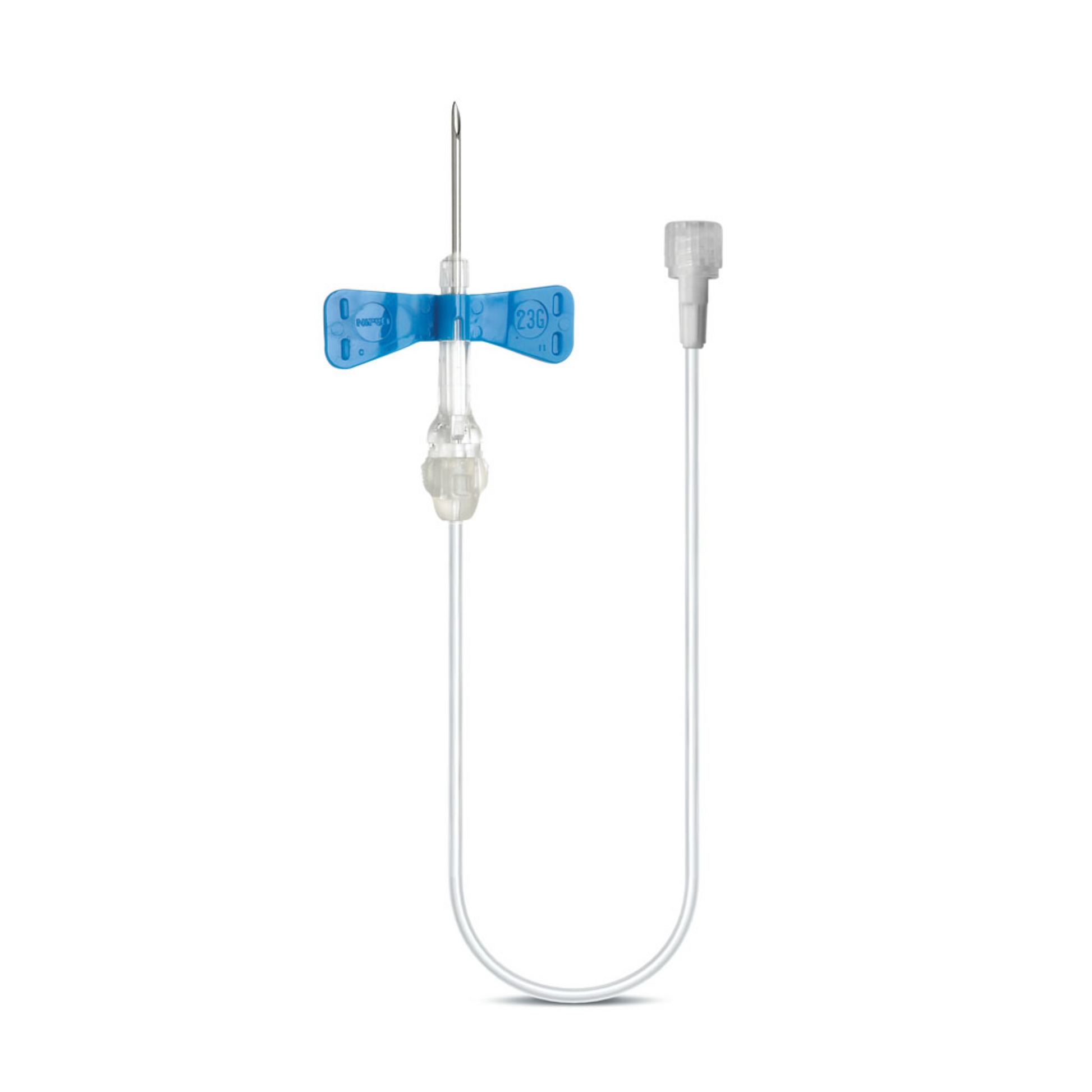 Die B. Braun Venofix® Sicherheitskanüle (0,8 x 19 mm, 21G) von B. Braun Deutschland GmbH verfügt über einen blauen Flügelabschnitt, einen transparenten Anschluss und einen flexiblen Schlauch mit einer weißen Kappe für eine effiziente Venenpunktion und Blutentnahme.