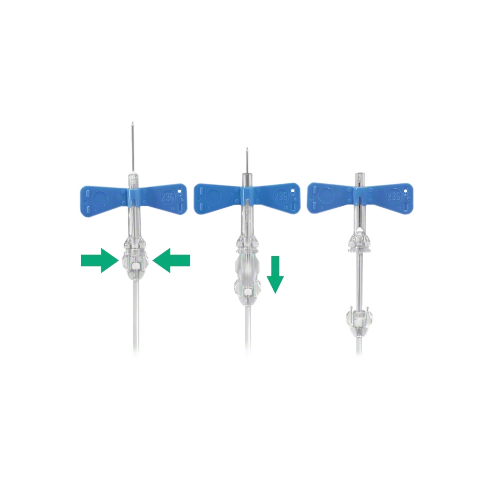 Dargestellt sind drei B. Braun Venofix® Safety-Kanülensätze mit blauen Butterfly-Flügelgriffen und transparenten Ansätzen. Grüne Pfeile leiten das Anschließen/Entfernen bei der Blutentnahme.