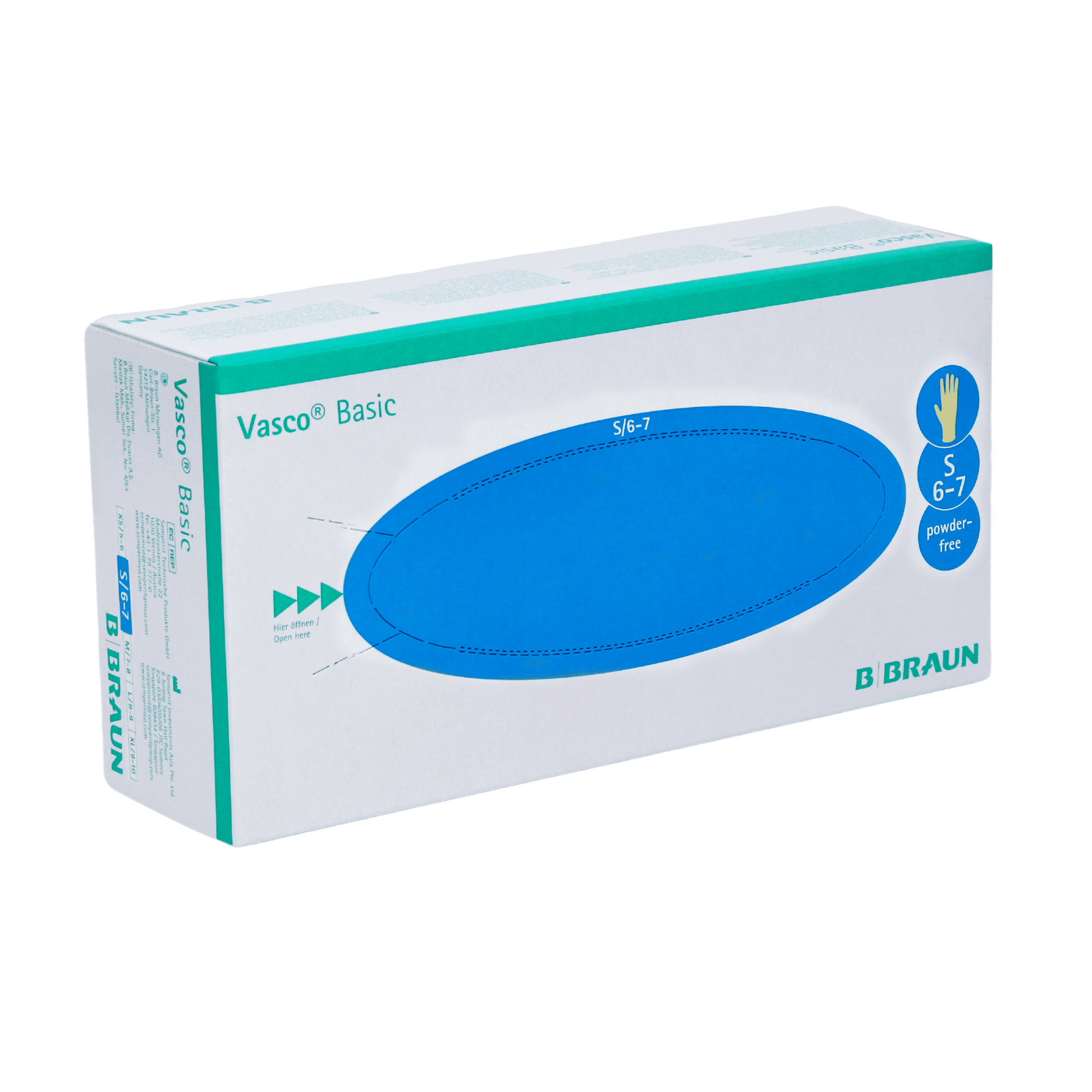 Das Bild zeigt eine Schachtel B. Braun Vasco® Basic Latex-Untersuchungshandschuhe von B. Braun Deutschland GmbH & Co. KG. Diese weiße Verpackung mit blauen und grünen Akzenten zeigt ein großes blaues Oval und eine Handabbildung mit der Größe S 6-7, deutlich erkennbar als „puderfreier medizinischer Untersuchungshandschuh“.