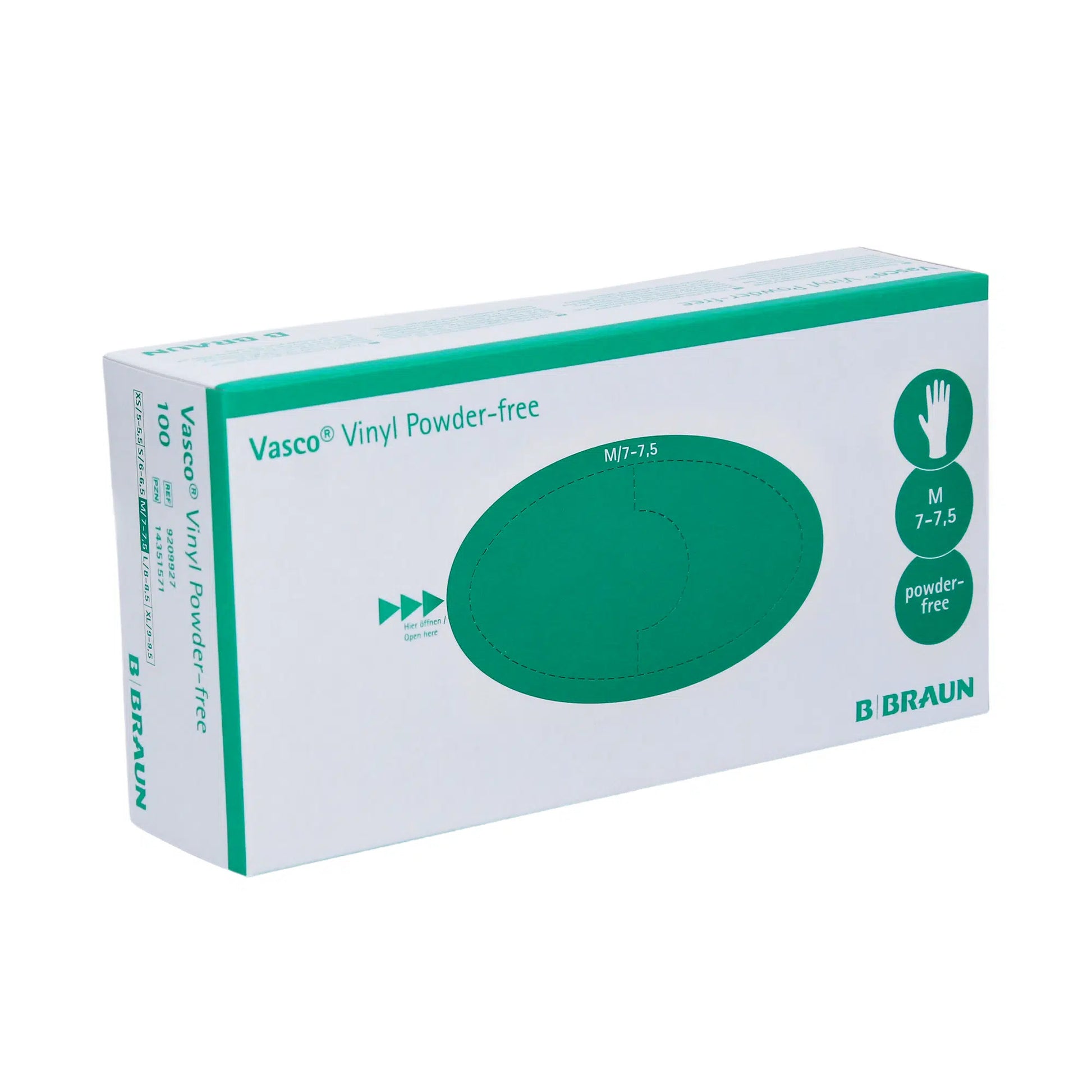 Schachtel mit B. Braun Vasco® Vinyl Puderfreien Einmalhandschuhen von B. Braun Deutschland GmbH & Co. KG. Die Verpackung ist hauptsächlich weiß mit grünen Akzenten und Text, hervorgehoben durch eine markante grüne Handschuhgrafik. Diese latexfreien Handschuhe sind in Größe M, 7-7,5, und jede Schachtel enthält 100 Vinyl-Einmalhandschuhe.