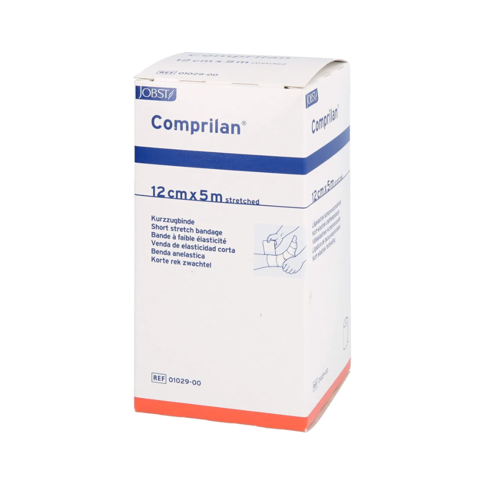 Das Bild zeigt eine Schachtel BSN Comprilan® elastische Binde, Kompressionsbinde, mit den Maßen 12 cm x 5 m. Die überwiegend weiße Verpackung hat blaue und orangefarbene Akzente, sowie einen Text und eine kleine Abbildung, die die Anwendung der Binde zeigt und ihre Wirksamkeit als Kompressionsbinde betont. Dieses Produkt ist von BSN Medical GmbH.