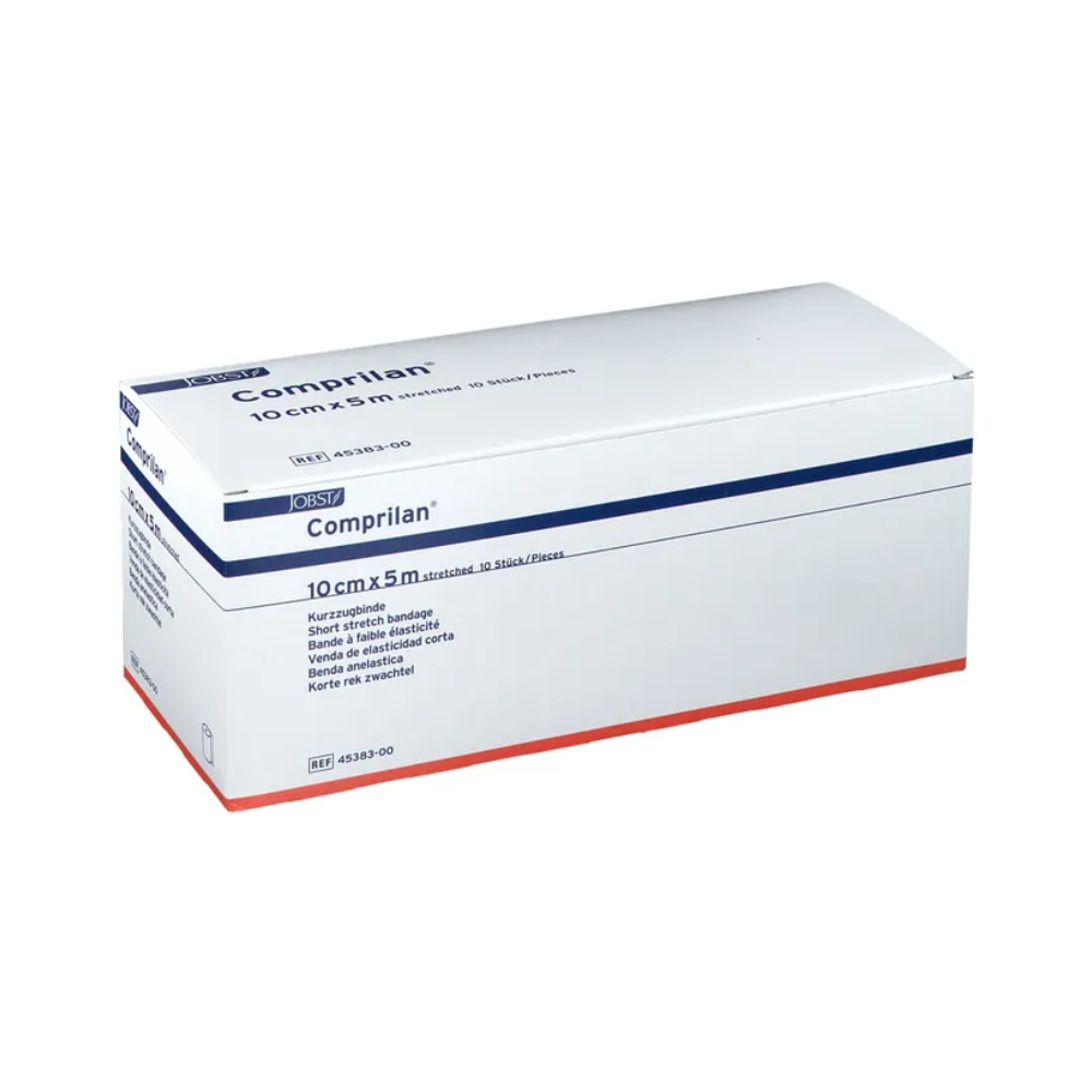 Eine rechteckige weiß-blaue Schachtel mit der Aufschrift „BSN Comprilan®“ der BSN Medical GmbH enthält eine textil-elastische Kurzzugbinde mit den Maßen 10 cm x 5 m. Ideal für phlebologische Indikationen, die Schachtel enthält Produktdetails und ist sicher verschlossen.