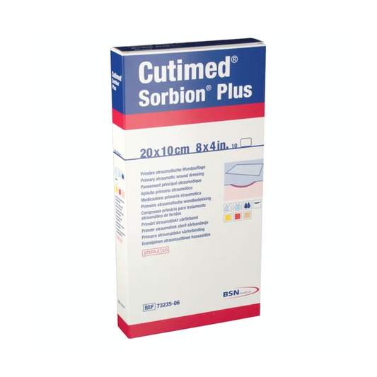 Die BSN Cutimed® Sorbion® Plus Wundkontaktschicht der BSN Medical GmbH ist ein medizinischer Verband mit einer atraumatischen Wundkontaktschicht zur verbesserten Heilung. Die Verpackung hat die Maße 20 x 10 cm (8 x 4 Zoll) und enthält Anweisungen und Informationen in mehreren Sprachen. Die Schachtel ist hauptsächlich weiß mit blauem und rotem Text.