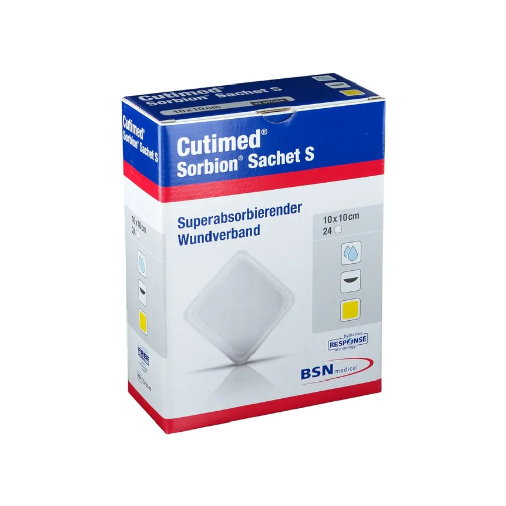 Der BSN Cutimed® Sorbion® Sachet S Wundverband der BSN Medical GmbH präsentiert sich in einer Verpackung, die den superabsorbierenden Wundverband für optimales Exsudatmanagement in den Vordergrund stellt. Die überwiegend weiße, mit blauen und roten Akzenten versehene Box enthält 24 Stück im Format 10x10 cm.