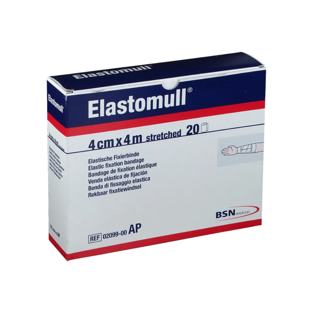 Eine Schachtel elastischer BSN Elastomull®-Binden der BSN Medical GmbH mit der Aufschrift „4 cm x 4 m gedehnt“ enthält 20 Stück. Die mehrsprachige Verpackung betont den hohen Baumwollanteil und die gute Hautverträglichkeit des Produkts und zeigt eine schematische Darstellung der Anwendung am Arm.