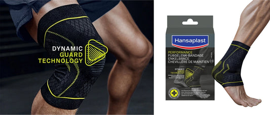Hansaplast Performance Fußgelenk-Bandage mit Dynamic Guard Technology: Links ein Sportler mit Kniebandage in Schwarz mit gelben Linien beim Training, rechts die Produktverpackung und ein Fuß, der die schwarze Bandage mit gelber Markierung trägt. Auf der Verpackung mehrsprachige Bezeichnung und Hinweis auf physiotherapeutische Empfehlung.