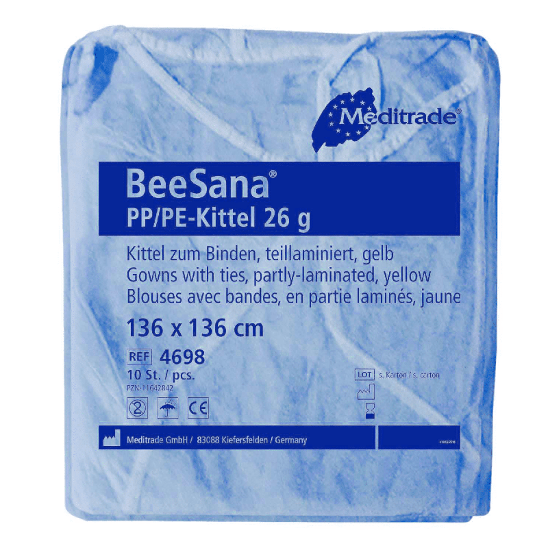 A Meditrade BeeSana® PP/PE lab coat (26 g) in blue packaging, sold in a pack of 10, labeled with information specifying product details such as material, color, size, and pack quantity. This lab coat is designed for protective use.
