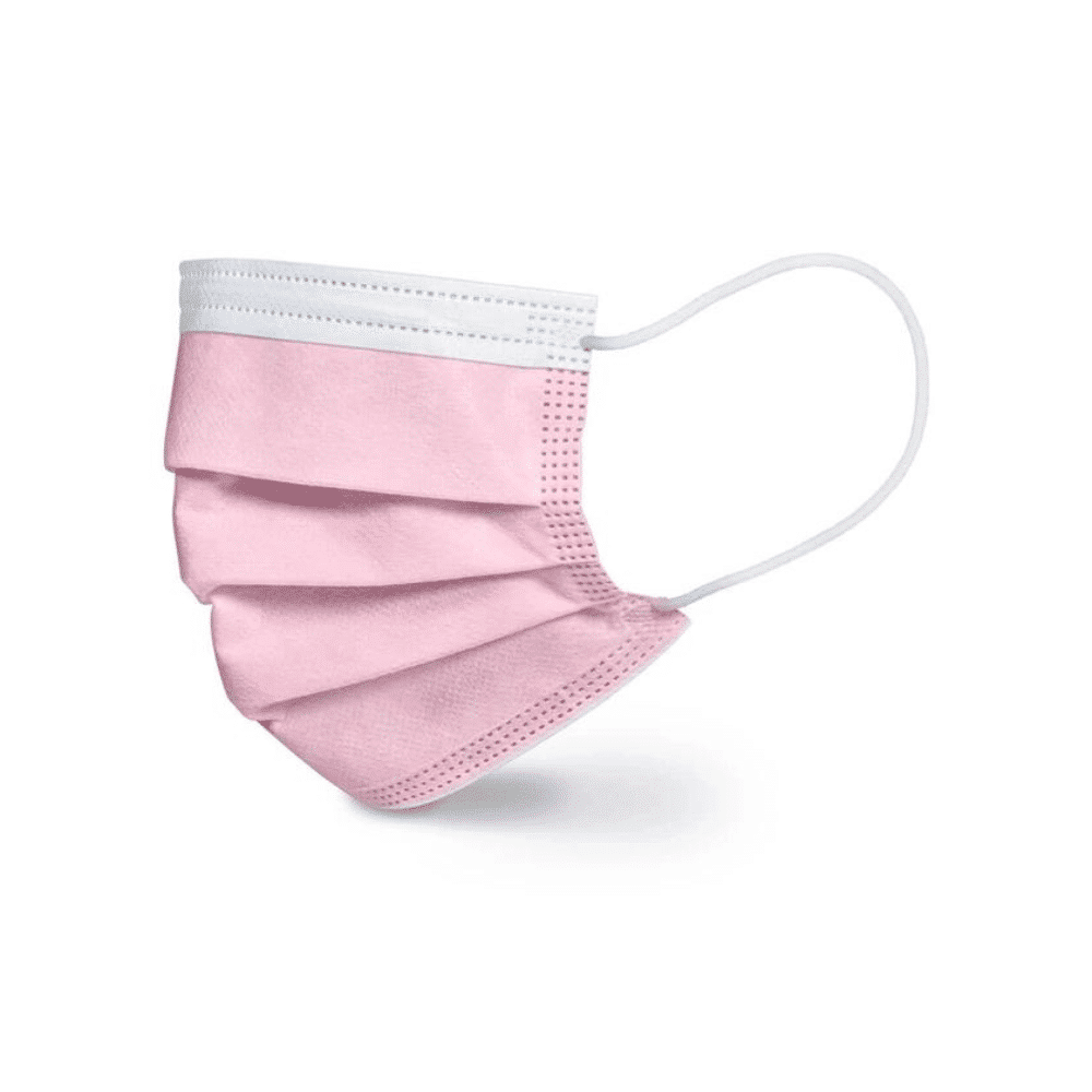 Die Beurer OP-Masken in Rosa MM 15 (20 Stück, Beurer GmbH) sind 3-lagige, CE-zertifizierte Mund-Nasen-Masken mit weißen Ohrschlaufen und hoher bakterieller Filterleistung, gezeigt vor weißem Hintergrund.