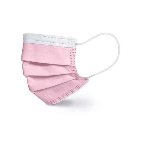 Die Beurer OP-Masken in Rosa MM 15 (20 Stück, Beurer GmbH) sind 3-lagige, CE-zertifizierte Mund-Nasen-Masken mit weißen Ohrschlaufen und hoher bakterieller Filterleistung, gezeigt vor weißem Hintergrund.