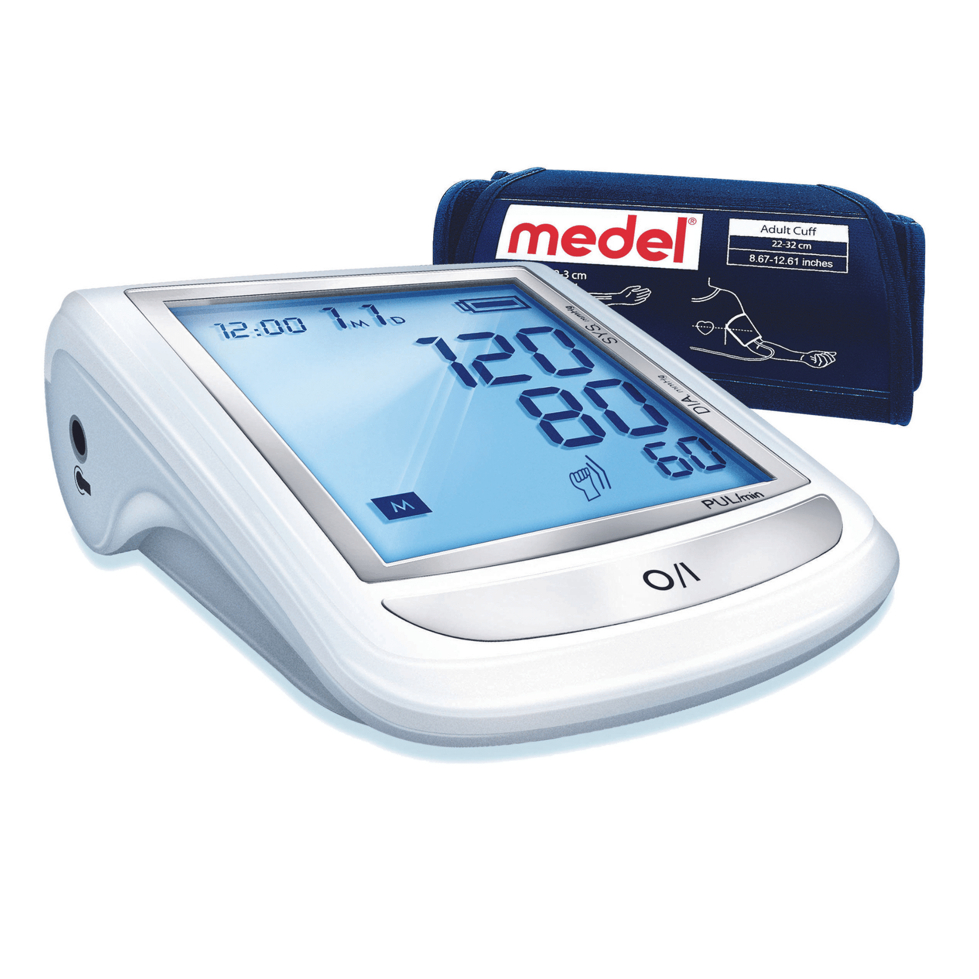 Ein Medel Elite Blutdruckmessgerät der Beurer GmbH mit blauem Display zeigt Werte von 120 über 80 mmHg an. Das Gerät nutzt Soft-Inflate-Technologie und wird neben einer Medel-Manschette getragen. Auf dem Display werden außerdem die Uhrzeit 12:00, ein „M“ für Modus und ein Indikator zur Erkennung von unregelmäßigem Herzschlag angezeigt.