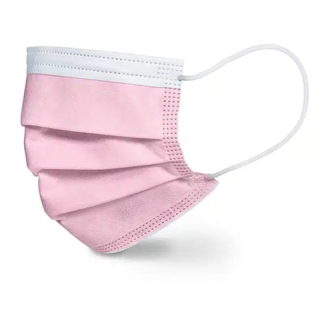 Die Beurer OP-Masken in rosa MM 15 (20 Stück, Beurer GmbH) ist eine 3-lagige Einweg-Gesichtsmaske mit weißen Ohrbügeln und einem oberen weißen Streifen, CE-zertifiziert für hohe bakterielle Filtration, abgebildet auf einfarbig weißem Hintergrund.