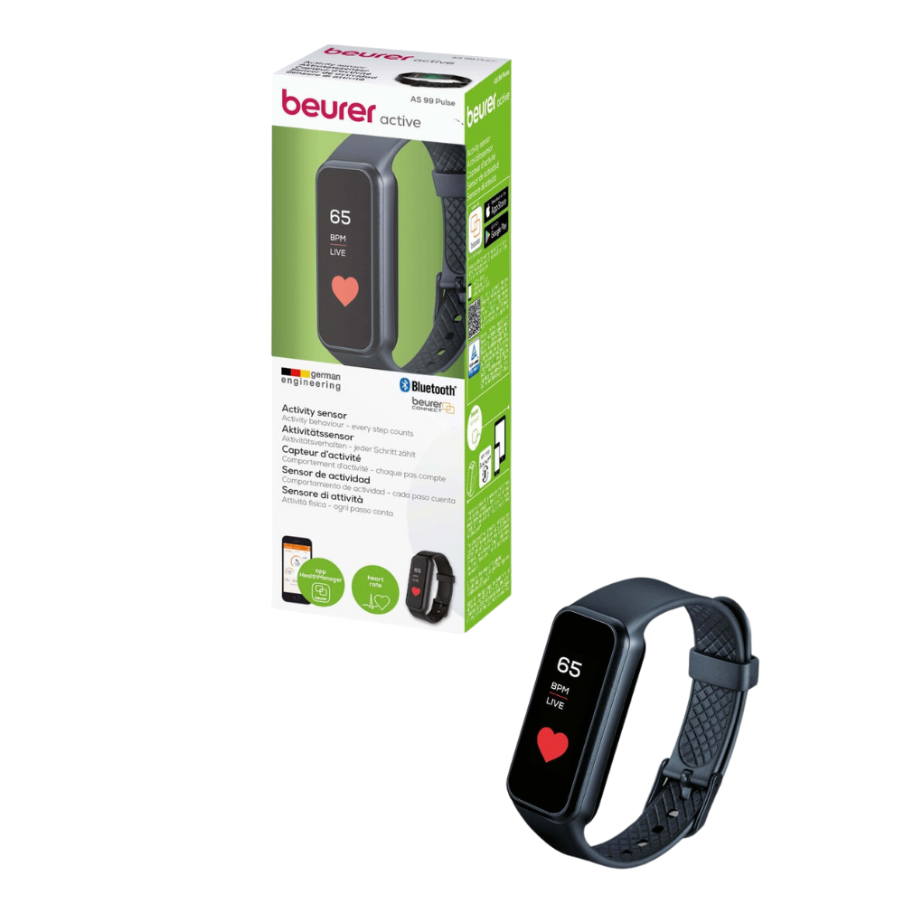 Der Beurer AS 99 Pulse Aktivitätssensor mit Bluetooth von Beurer GmbH wird ausgestellt. Die Produktverpackung hebt verschiedene Funktionen hervor, wie beispielsweise Herzfrequenzüberwachung und Bluetooth-Konnektivität. Der elegante schwarze Fitnesstracker, der die Herzfrequenz anzeigt, ist vorne auf der Verpackung platziert.