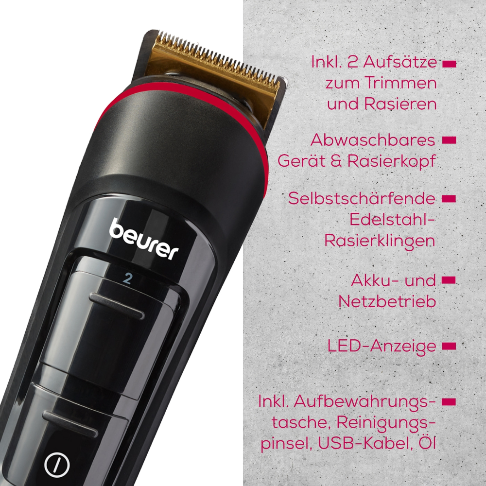 Nahaufnahme eines Beurer Barttrimmers MN4X zum Trimmen und Rasieren | Packung (1 Stück) mit rotem Einschaltknopf. Im deutschen Text werden Eigenschaften wie abwaschbare Teile, selbstschärfende Edelstahlklinge, Batterie- und Netzbetrieb, LED-Display und mitgeliefertes Zubehör hervorgehoben.