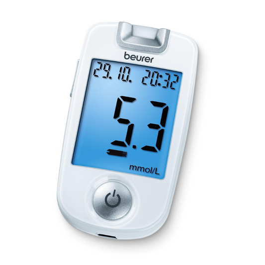 Das Beurer GL 40 Blutzuckermessgerät zeigt einen Wert von 5,3 mmol/L an. Das angezeigte Datum und die Uhrzeit sind 29.10 Uhr um 20:32 Uhr. Dieses weiße Gerät hat einen Einschaltknopf an der Unterseite und „Beurer“ steht prominent oben, sodass es sich nahtlos in Ihre Blutzucker-Tagebuch-Routine einfügt.