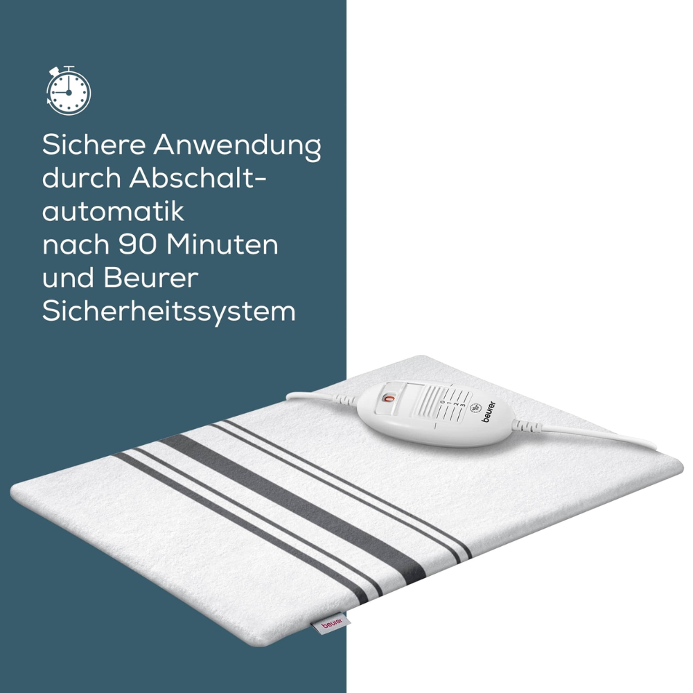 Das Beurer HK 25 Heizkissen der Beurer GmbH ist mit grauen Streifen und Bedieneinheit auf blau-weißem Hintergrund abgebildet. Der deutsche Text weist auf 6 Temperaturstufen, 90-minütige Abschaltautomatik und die OEKO-TEX® STANDARD 100-Zertifizierung hin. Packung: 1 Stück.