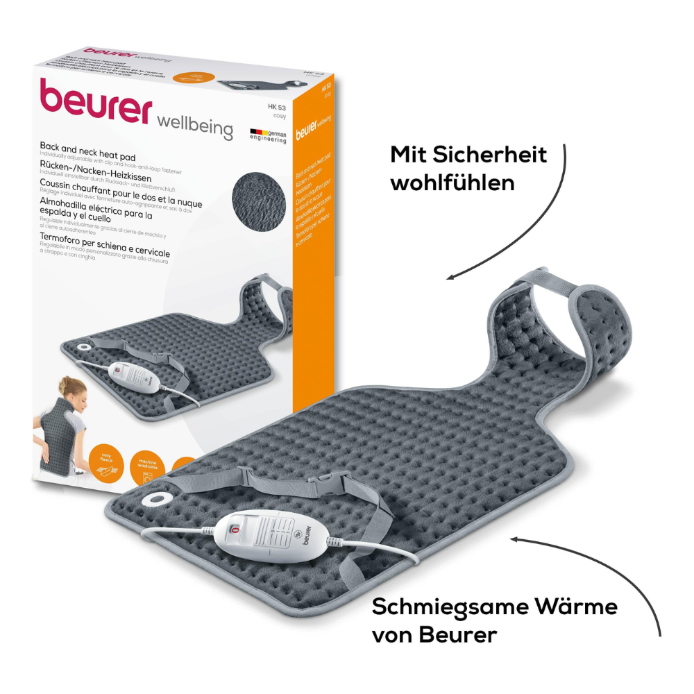Ein graues, strukturiertes Beurer HK 53 Rücken-/Nacken-Heizkissen der Beurer GmbH mit einem Regler ist neben seiner Verpackung abgebildet. Der deutsche Text betont Sicherheit und wohlige Wärme für Rücken und Nacken.