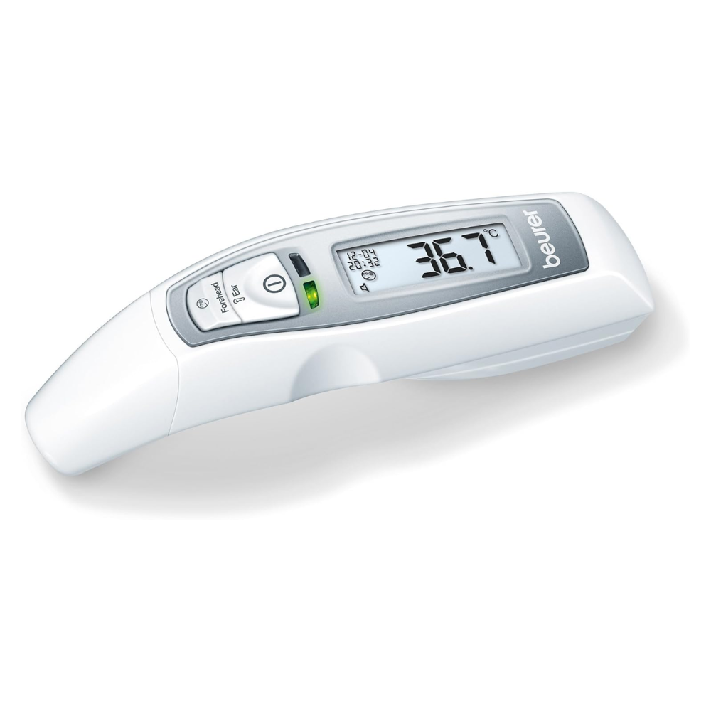 Das Beurer Multifunktions-Thermometer mit 7-in-1-Funktion FT 70 ist ein elegantes weißes digitales Thermometer mit einem LCD-Bildschirm, der eine Messung von 36,7 °C anzeigt. Es verfügt über Tasten zum Einstellen und Umschalten der Modi und nutzt Infrarot-Messtechnik für präzise Messungen. Der Markenname „Beurer“ ist elegant an der Seite angebracht.